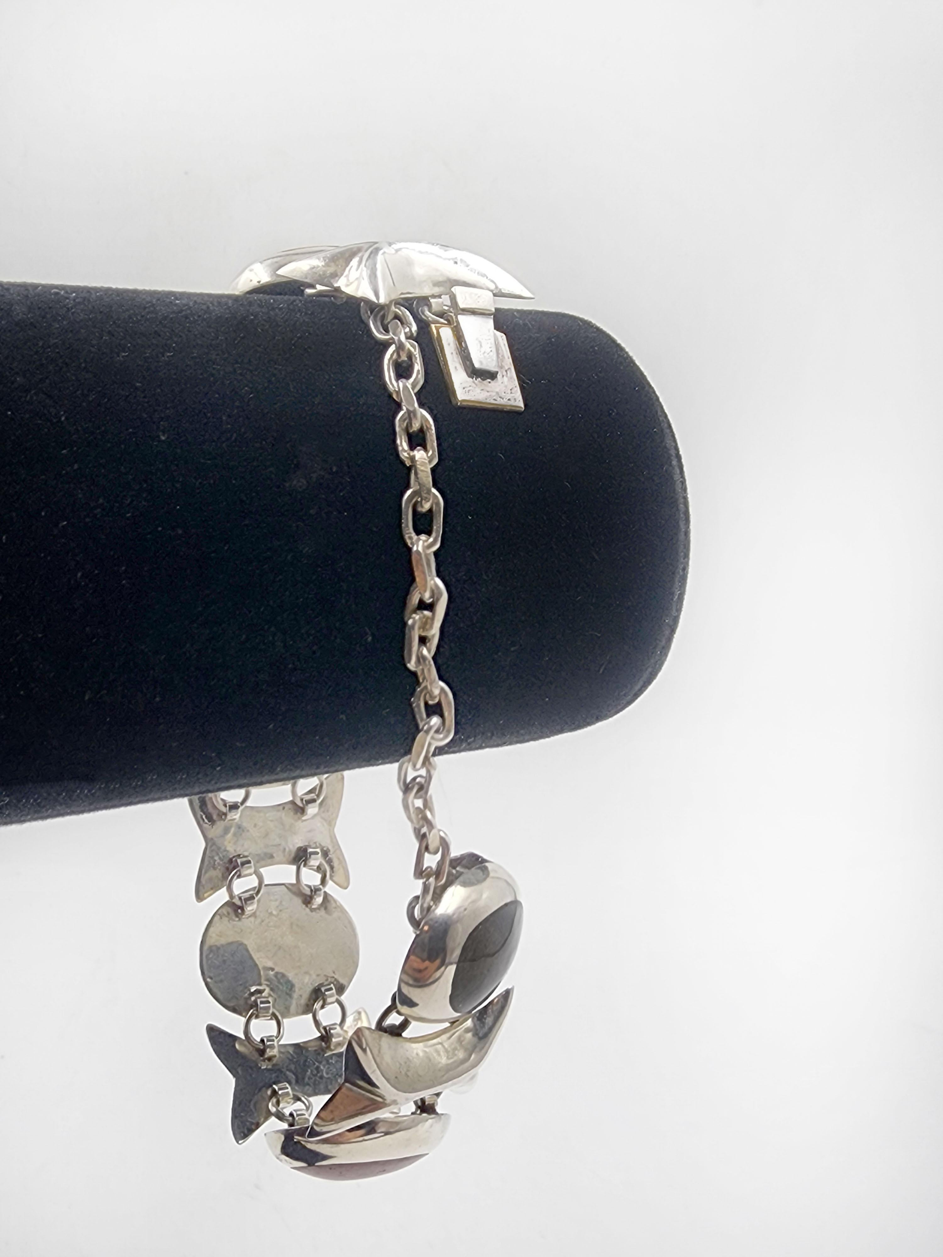 Post-Modern Mexican silver link bracelet with natural stones For Sale