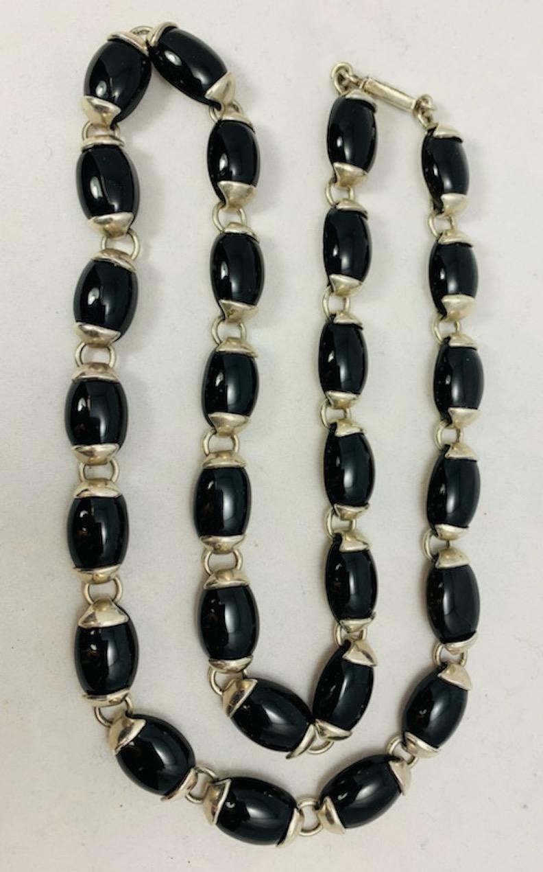 Modernist Mexican Silver & Onyx Chain Necklace 925 TM-97 For Sale