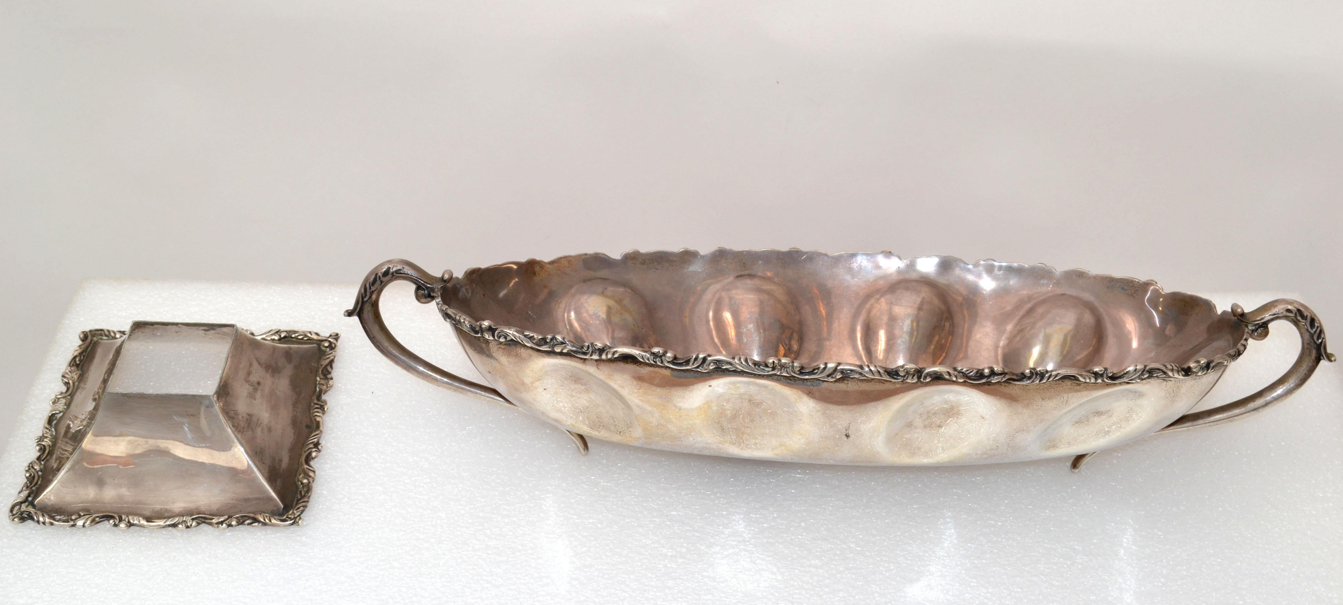 Silver Plate Mexican Silver Ornate Large Boot Shape Footed Serving Tray with Handles Marked For Sale