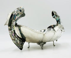 Mexikanische Schale aus versilbertem Metall mit Fischgriffen aus Abalone-Muschel, signiert mit „A.C.T. Taxco“