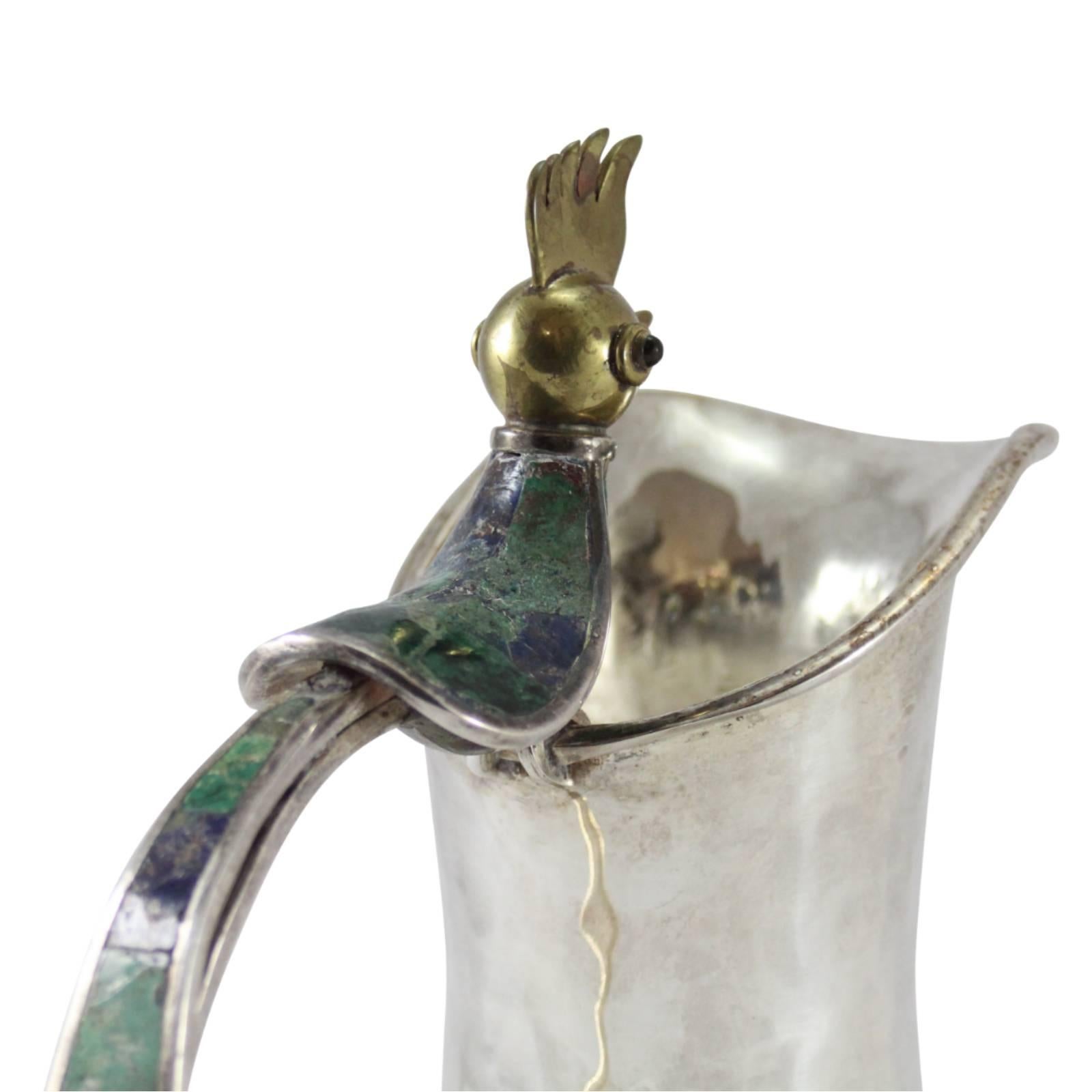 Mexican Silver Plated Pitcher with Malachite and Lapis by Los Castillo, Taxco For Sale 3