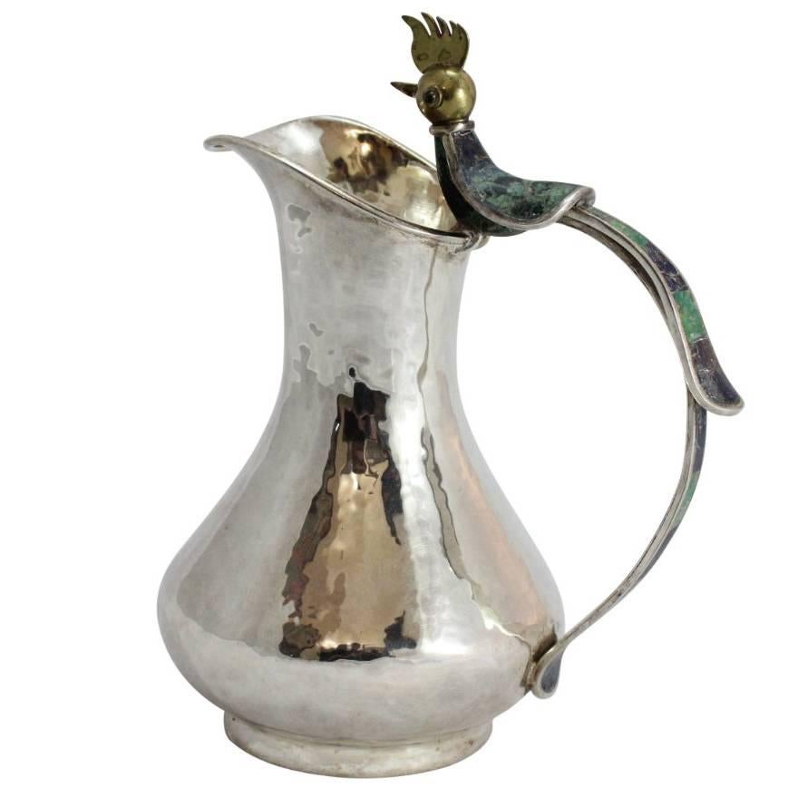 Mexican Silver Plated Pitcher with Malachite and Lapis by Los Castillo, Taxco For Sale