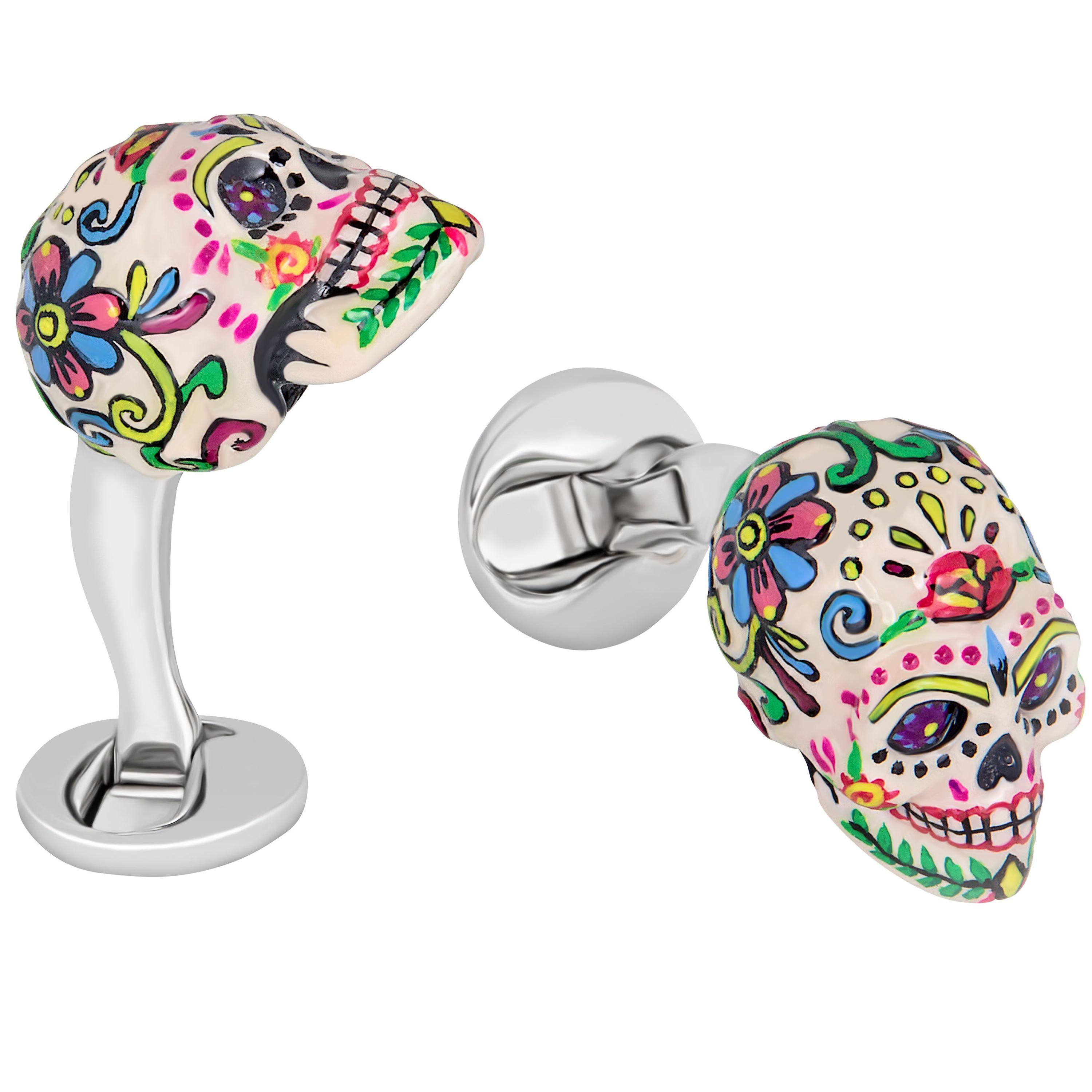 Mexican Skulls Cufflinks Hand-painted Sterling Silver - Handmade in the US by FU