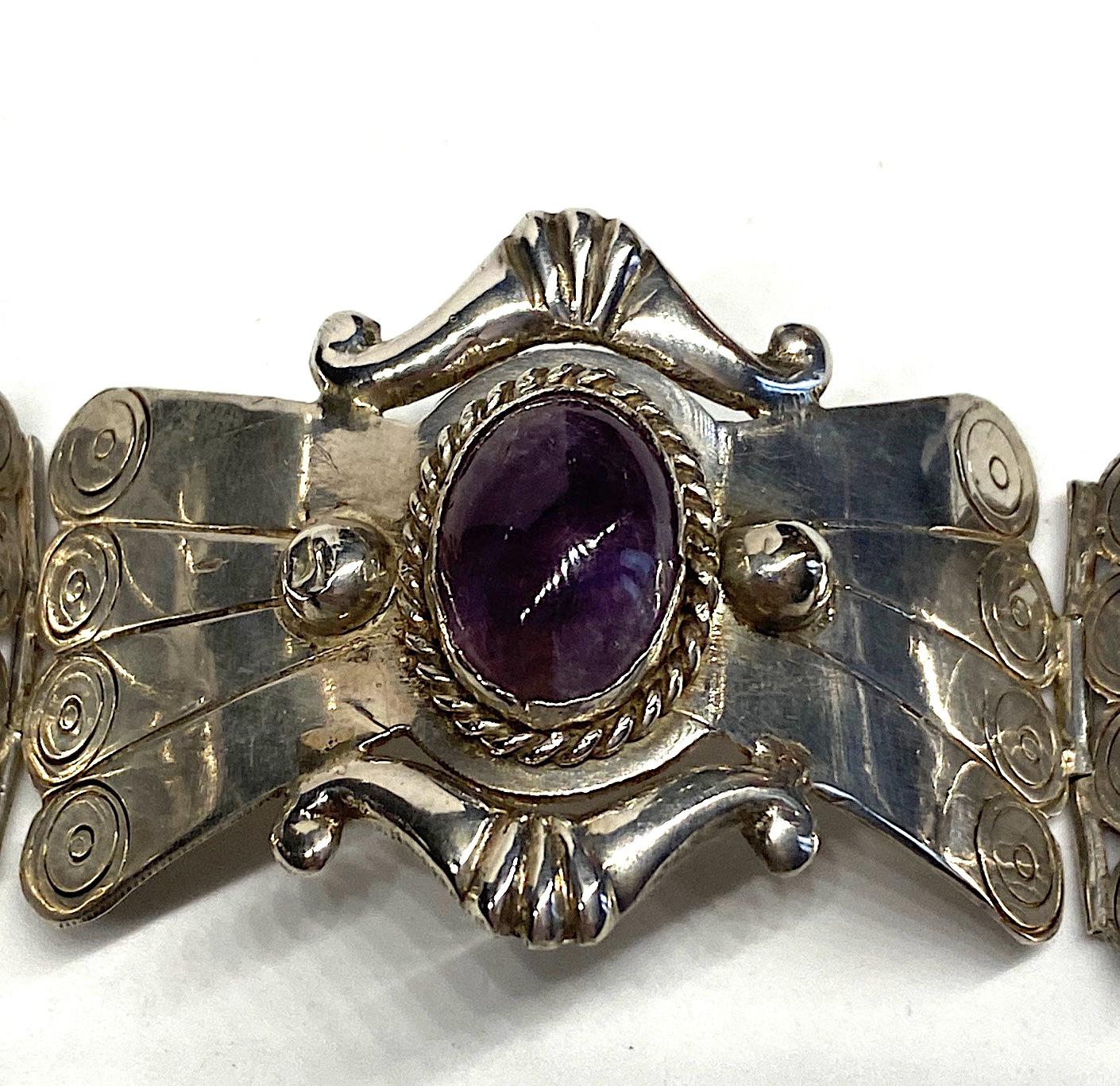 Mexican Sterling and Amethyst Cabochon Bracelet 6
