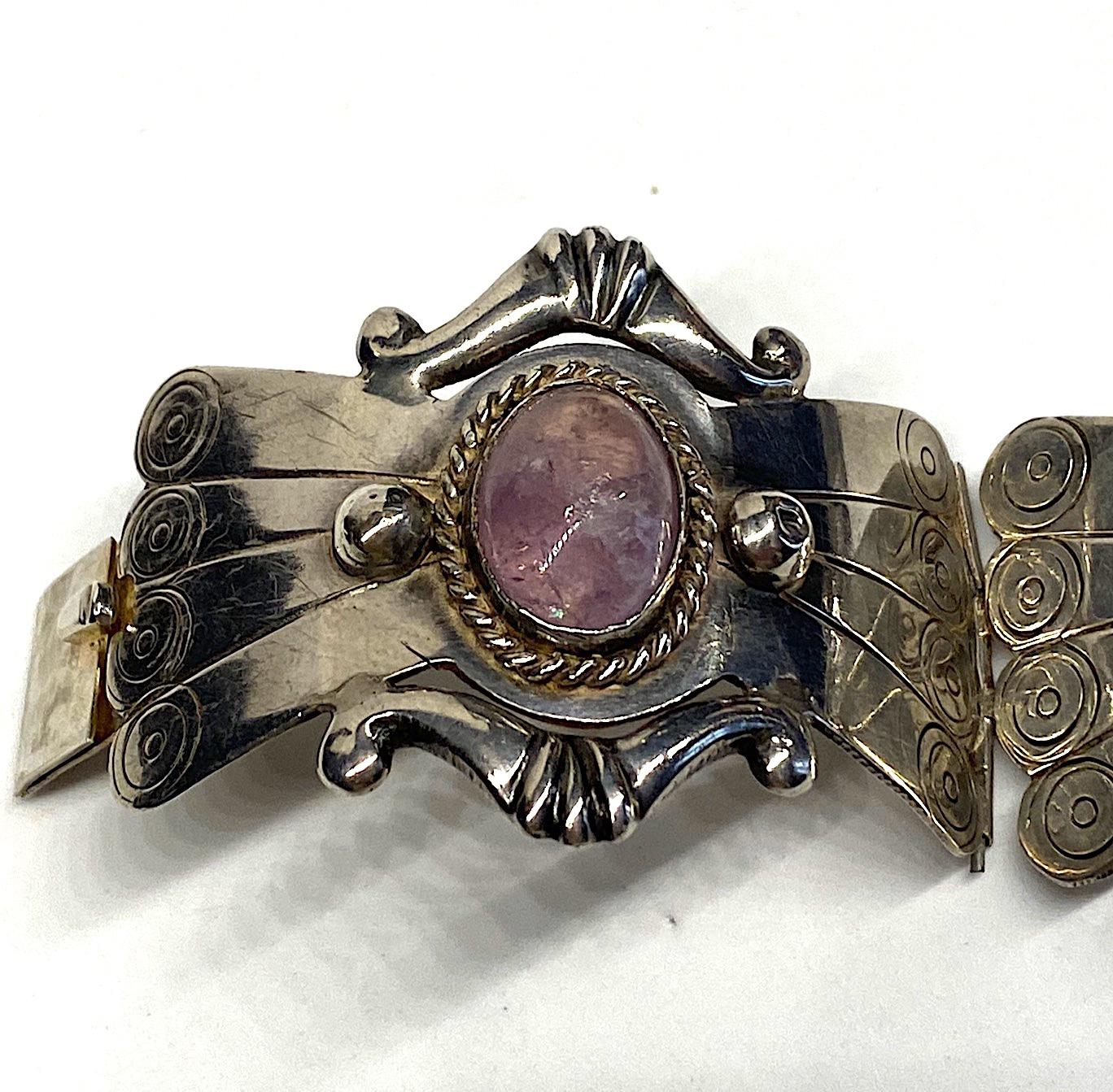 Mexican Sterling and Amethyst Cabochon Bracelet 7