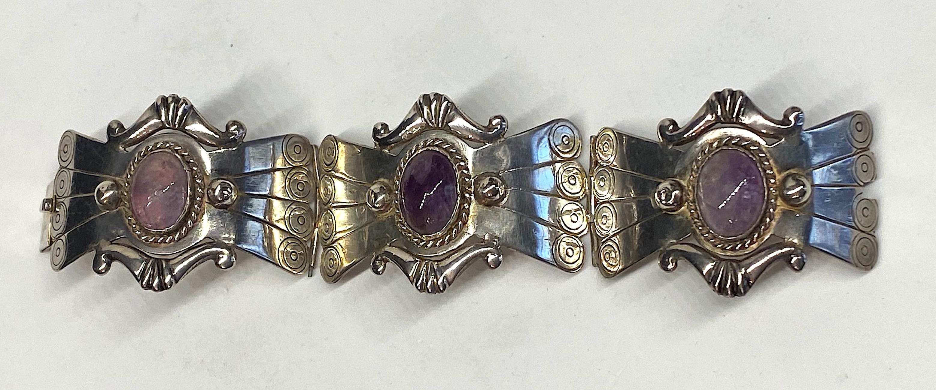 Mexican Sterling and Amethyst Cabochon Bracelet 9