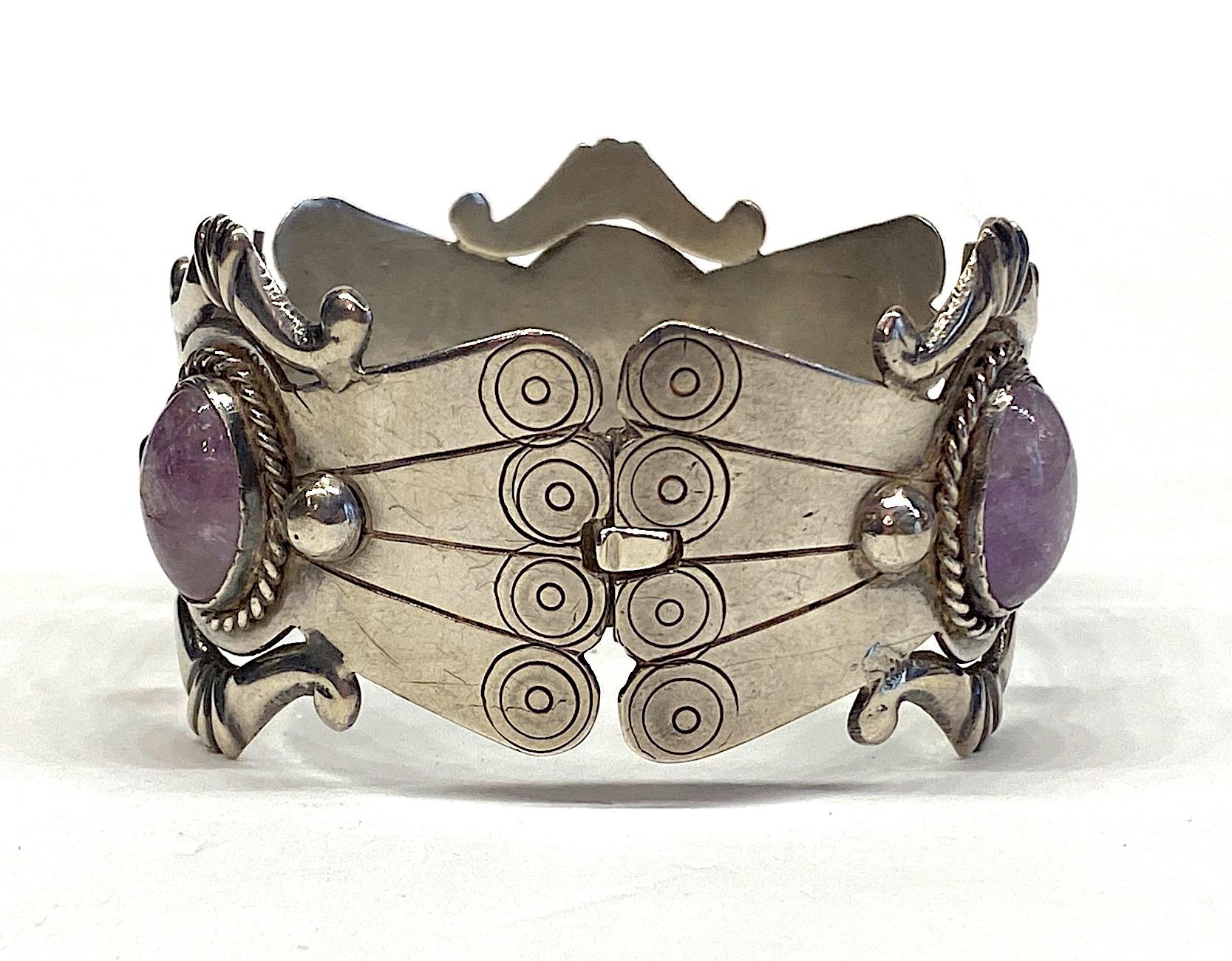 Women's or Men's Mexican Sterling and Amethyst Cabochon Bracelet