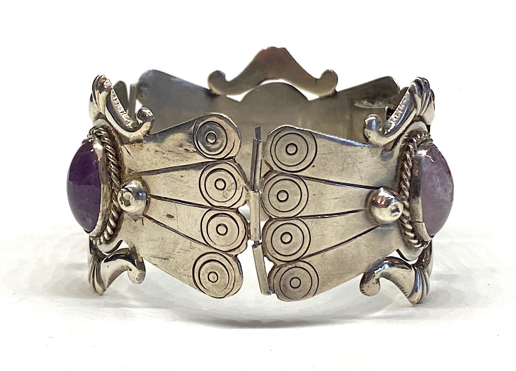 Mexican Sterling and Amethyst Cabochon Bracelet For Sale 2