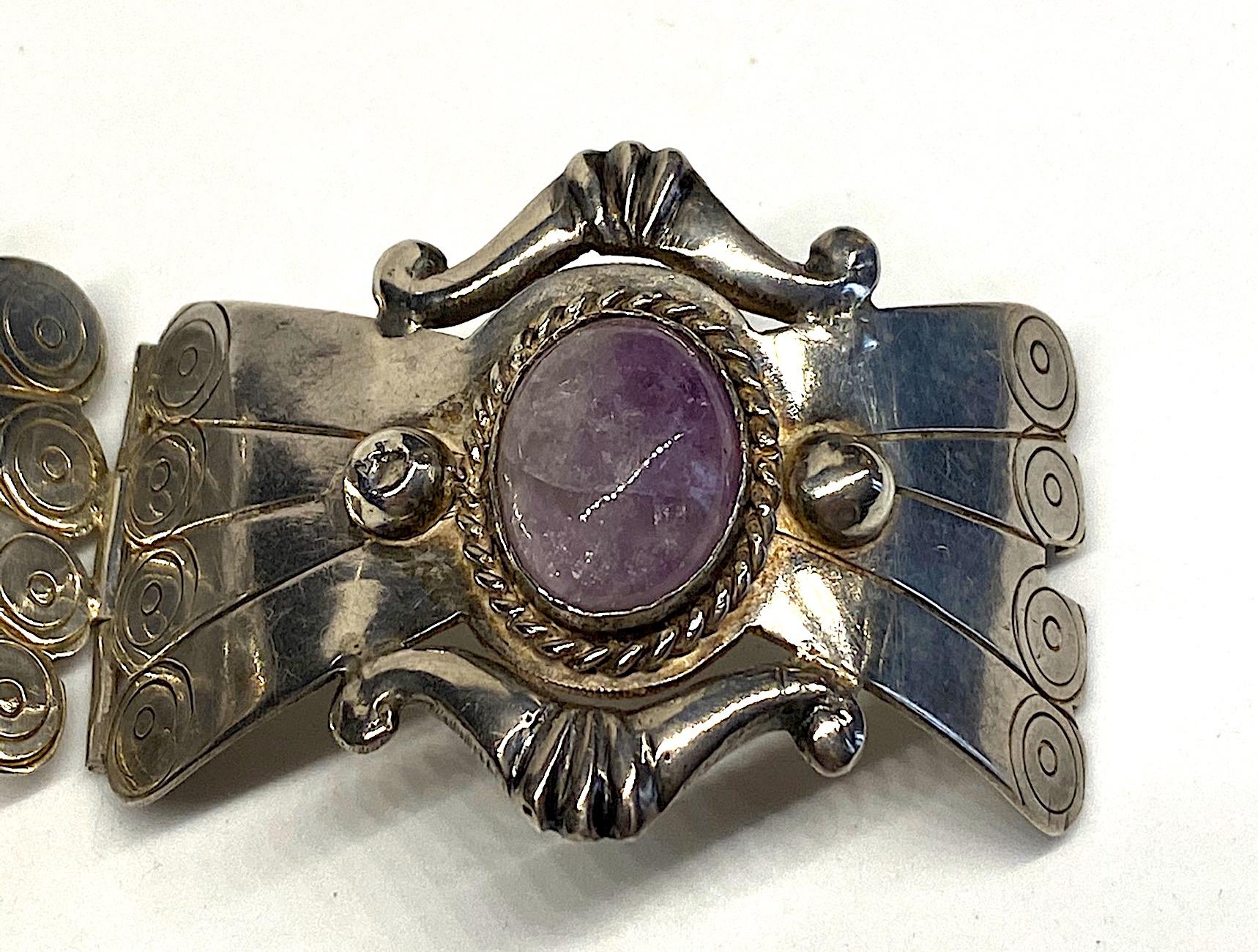 Mexican Sterling and Amethyst Cabochon Bracelet 5