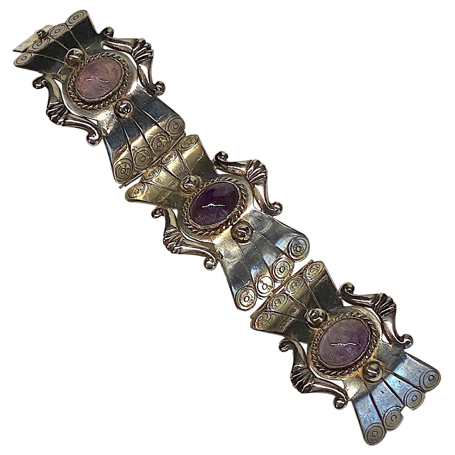 Mexican Sterling and Amethyst Cabochon Bracelet
