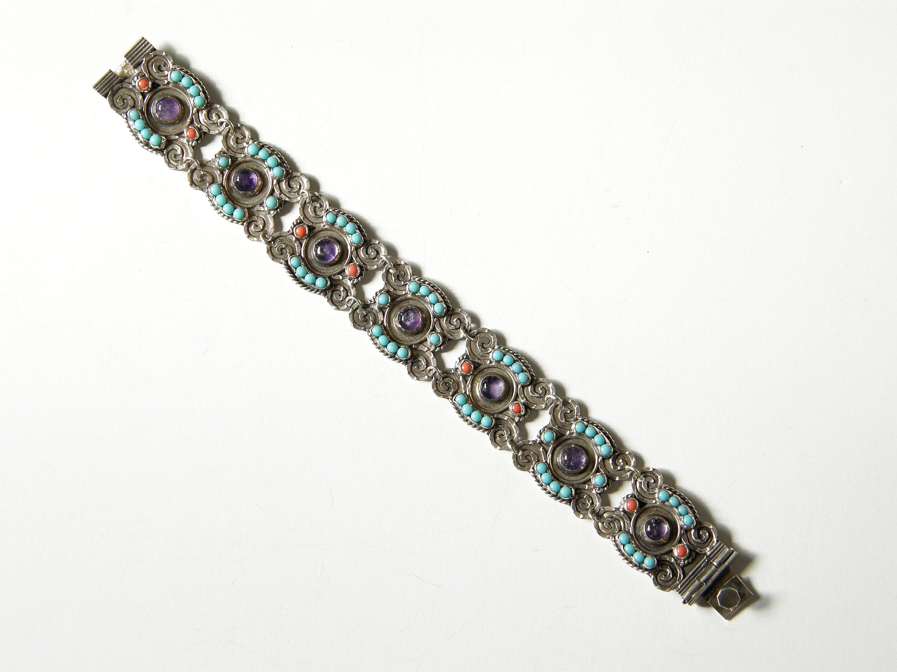 Cabochon Mexican Sterling Necklace and Bracelet in the Style of Matilda Matl Poulat
