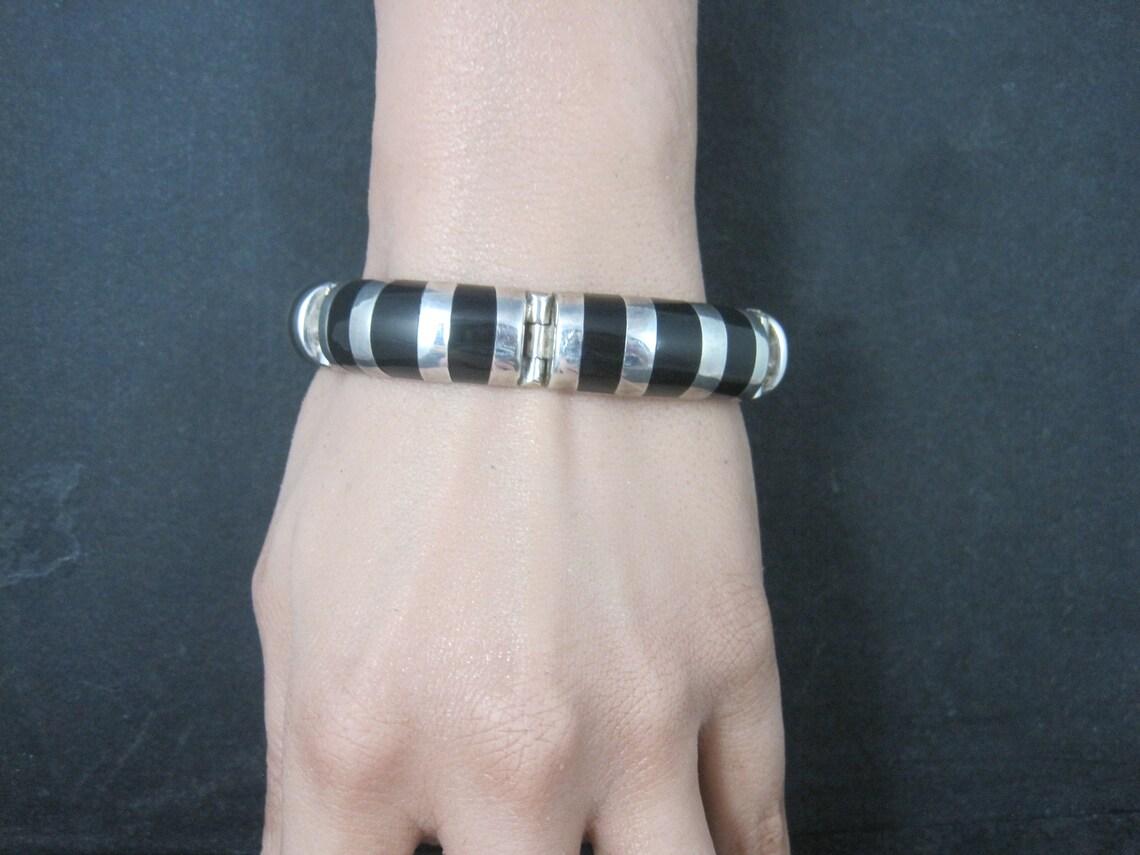 Mexican Sterling Onyx Inlay Bracelet 6.75 Inches For Sale 4