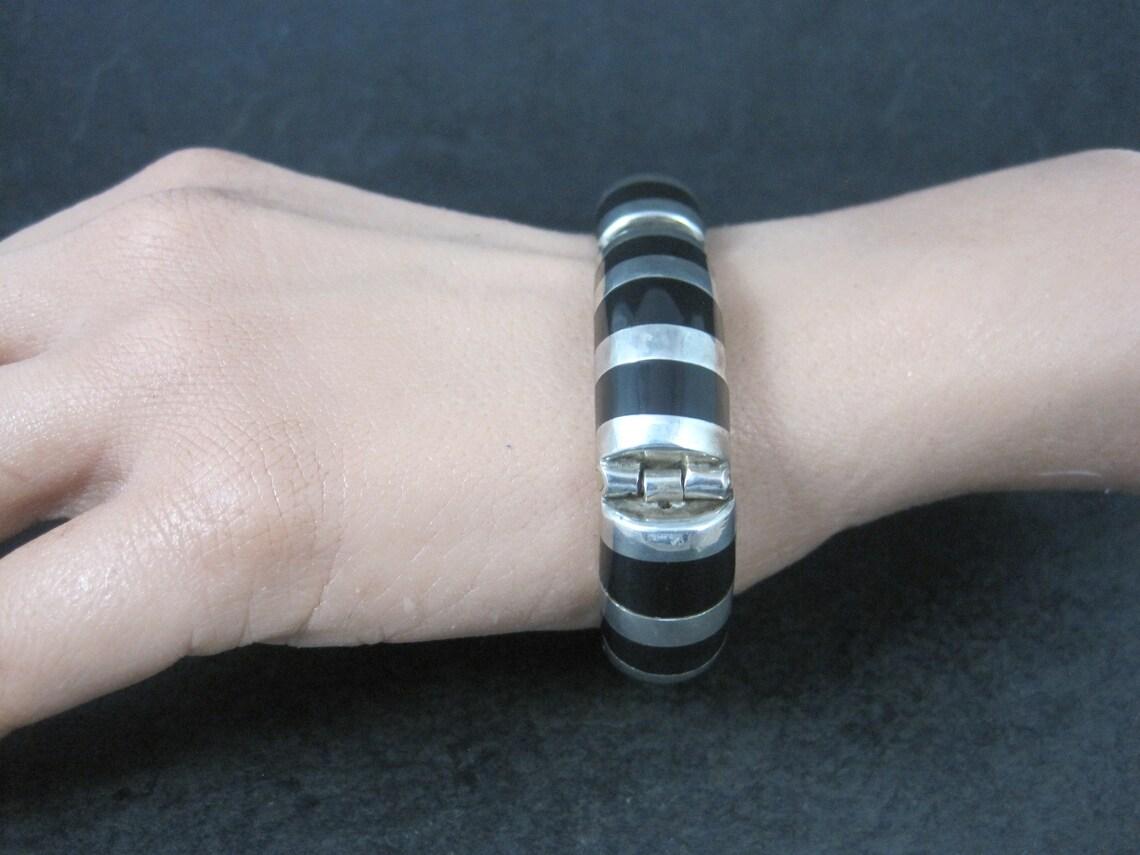 Mexican Sterling Onyx Inlay Bracelet 6.75 Inches For Sale 5