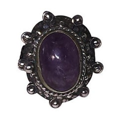 Vintage Mexican Sterling Silver Amethyst Cabochon Poison Cocktail Ring