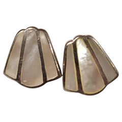 Mexican Sterling Silver and Mother-of-Pearl Fan-Shaped Stud Earrings, 1980s