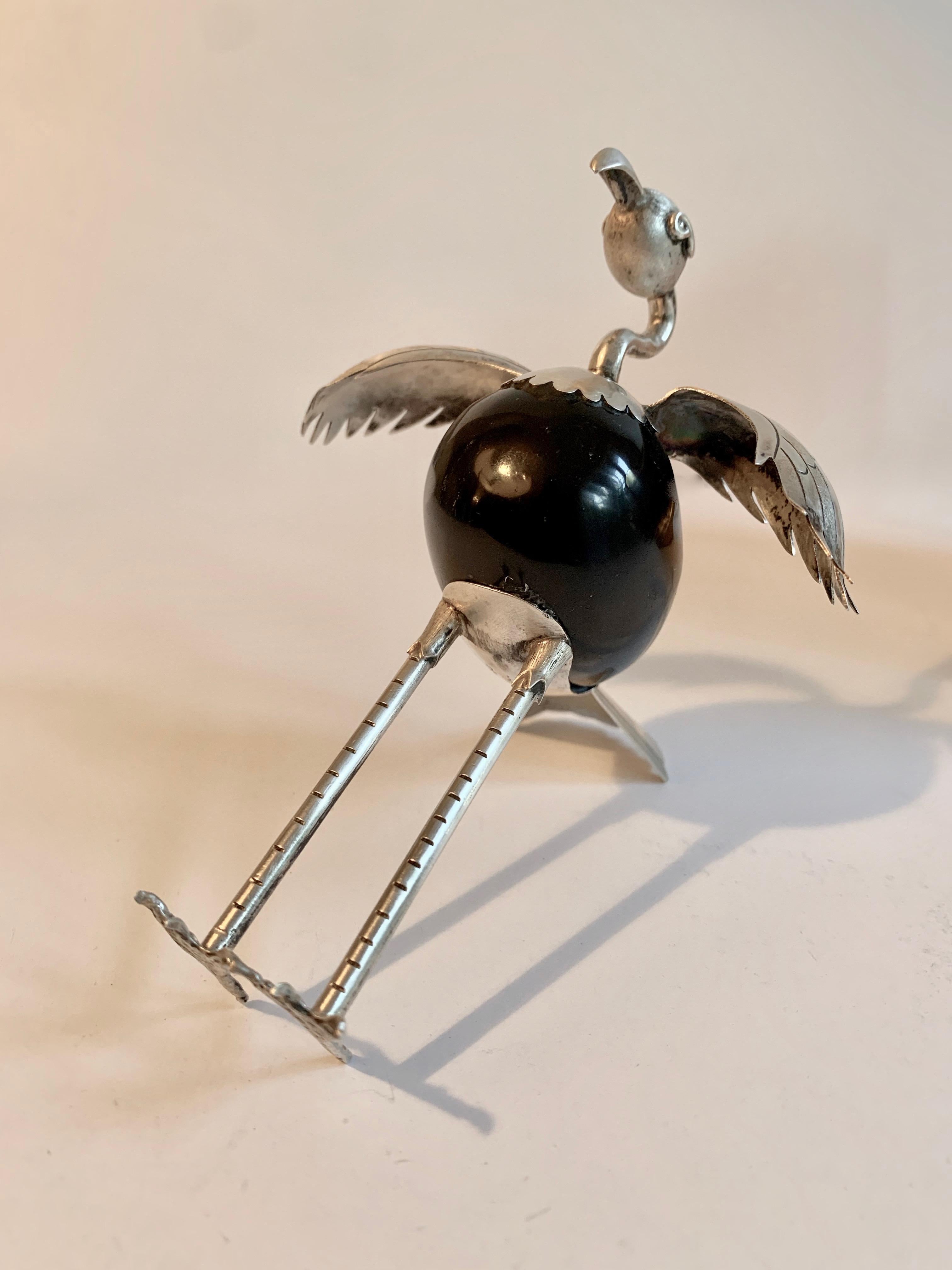 Mid-Century Modern Mexican Sterling Silver and Onyx Bird