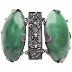 Antique Mexican Sterling Silver Bracelet with Green Agate Cabochons, circa 1930