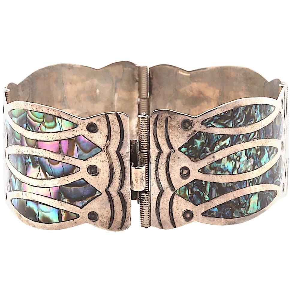 Mexican Sterling Silver Fish Abalone Design Cuff Bracelet For Sale