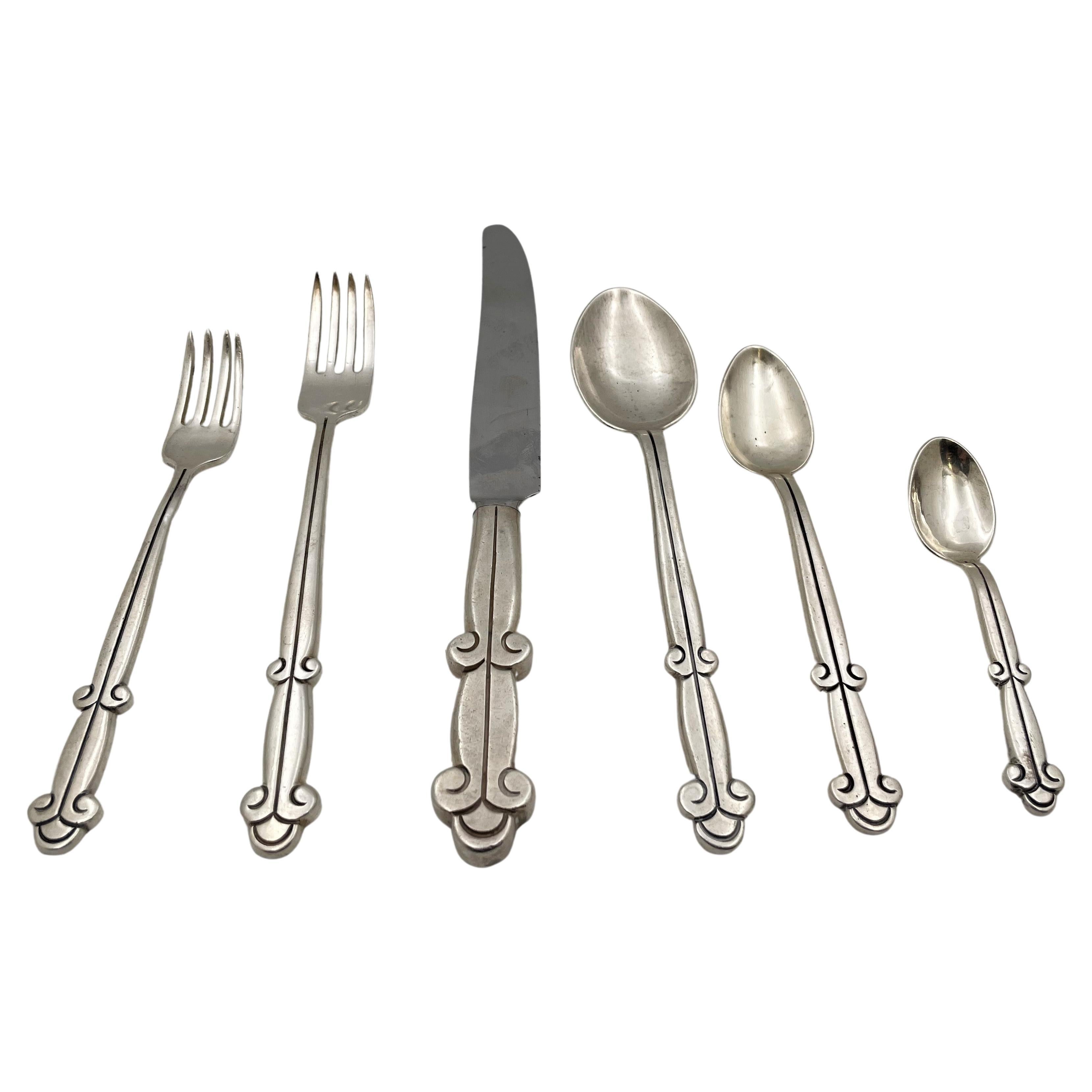 Mexican Sterling Silver Flatware Set for 6 (36 Pieces) Mid-Century Modern Style For Sale
