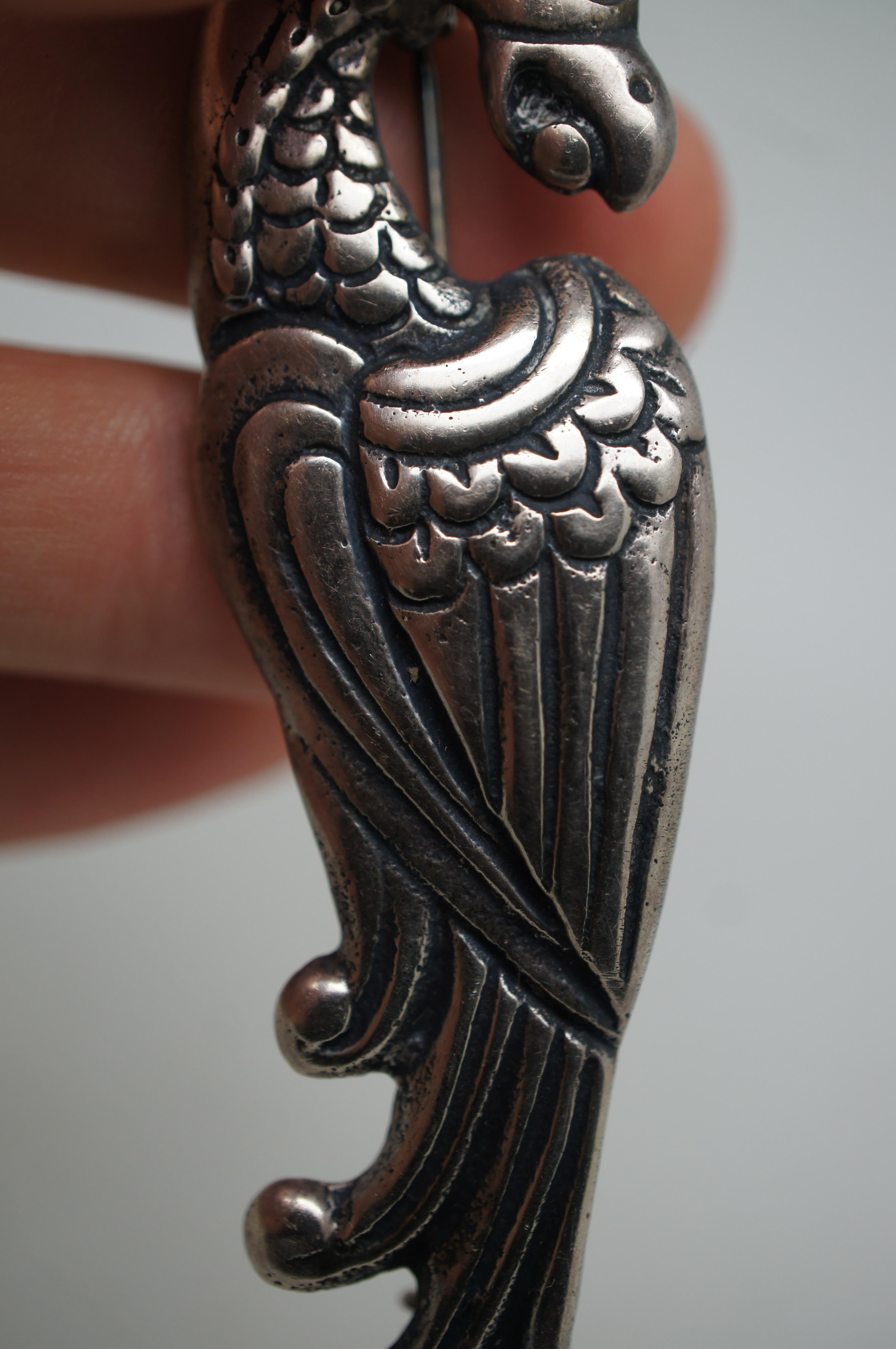 Mexican Sterling Silver Heraldic Quetzal Bird Phoenix Eagle Brooch Pin 15.8g 3