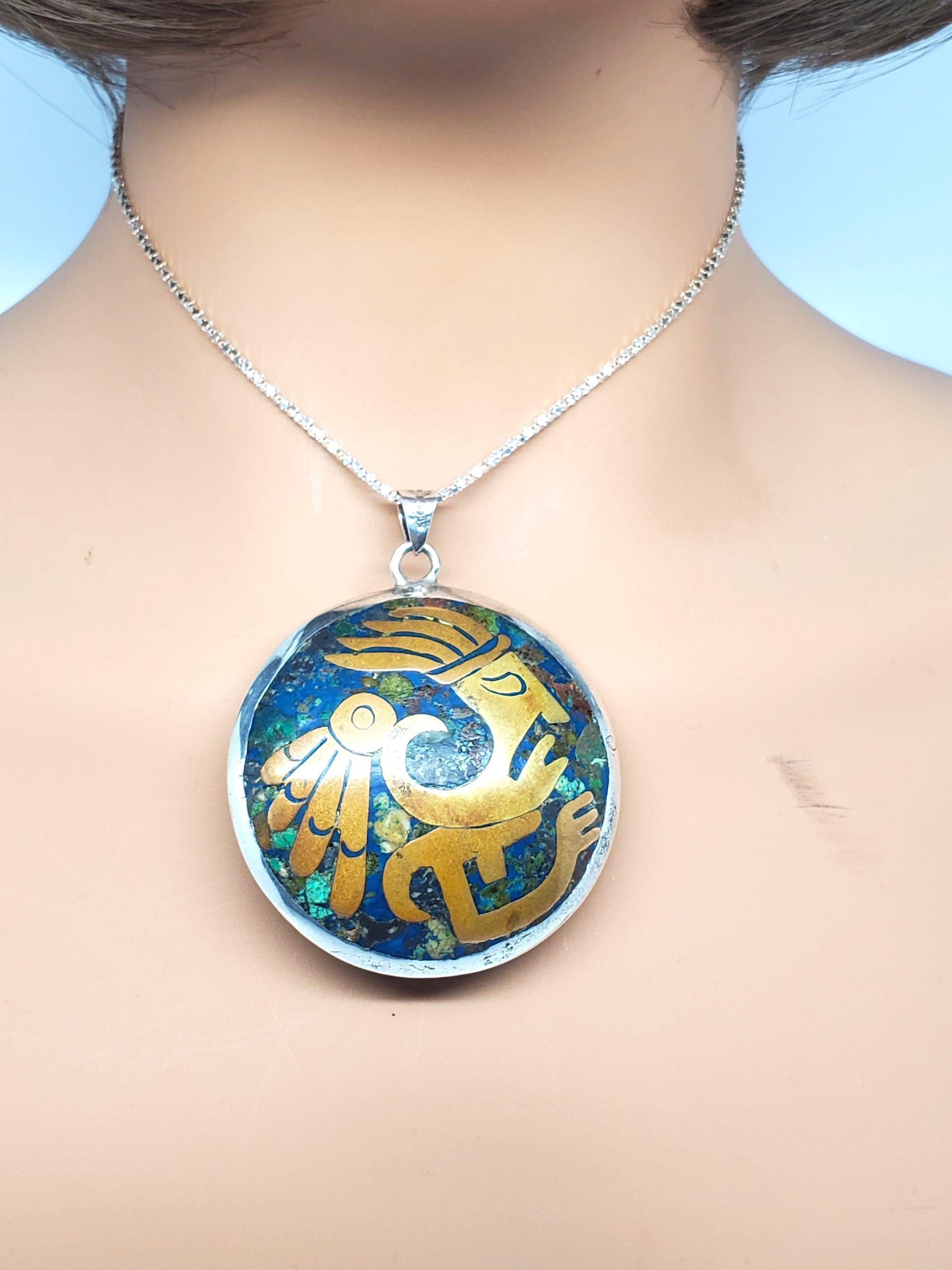 Ciondolo circolare azteco grande in argento sterling messicano #22630 in vendita 4