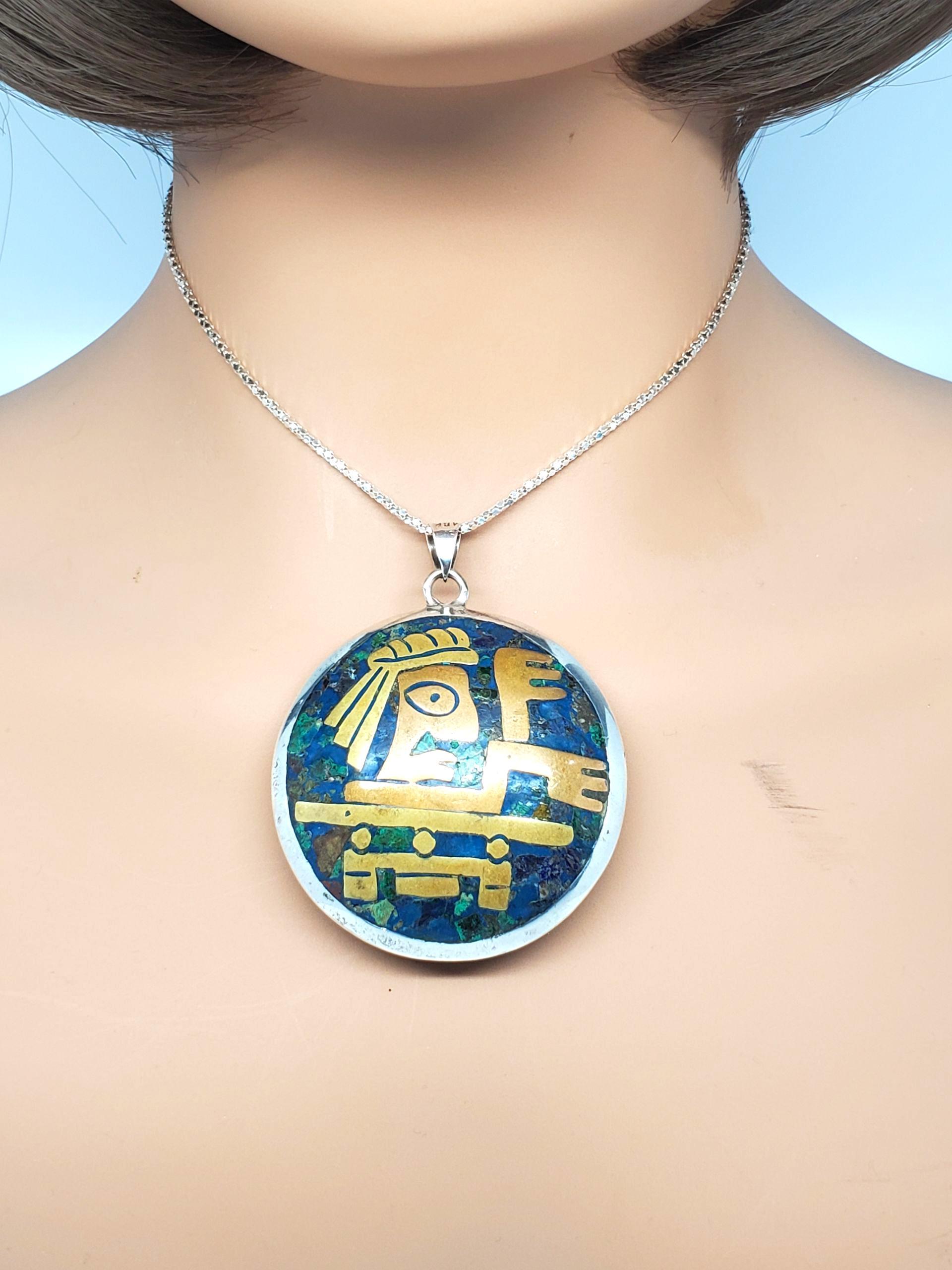 Ciondolo circolare azteco grande in argento sterling messicano #22630 in vendita 5
