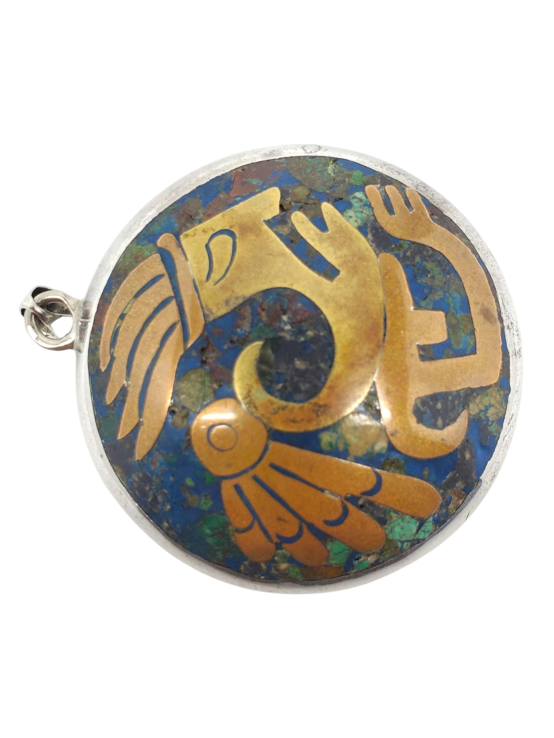 Contemporaneo Ciondolo circolare azteco grande in argento sterling messicano #22630 in vendita