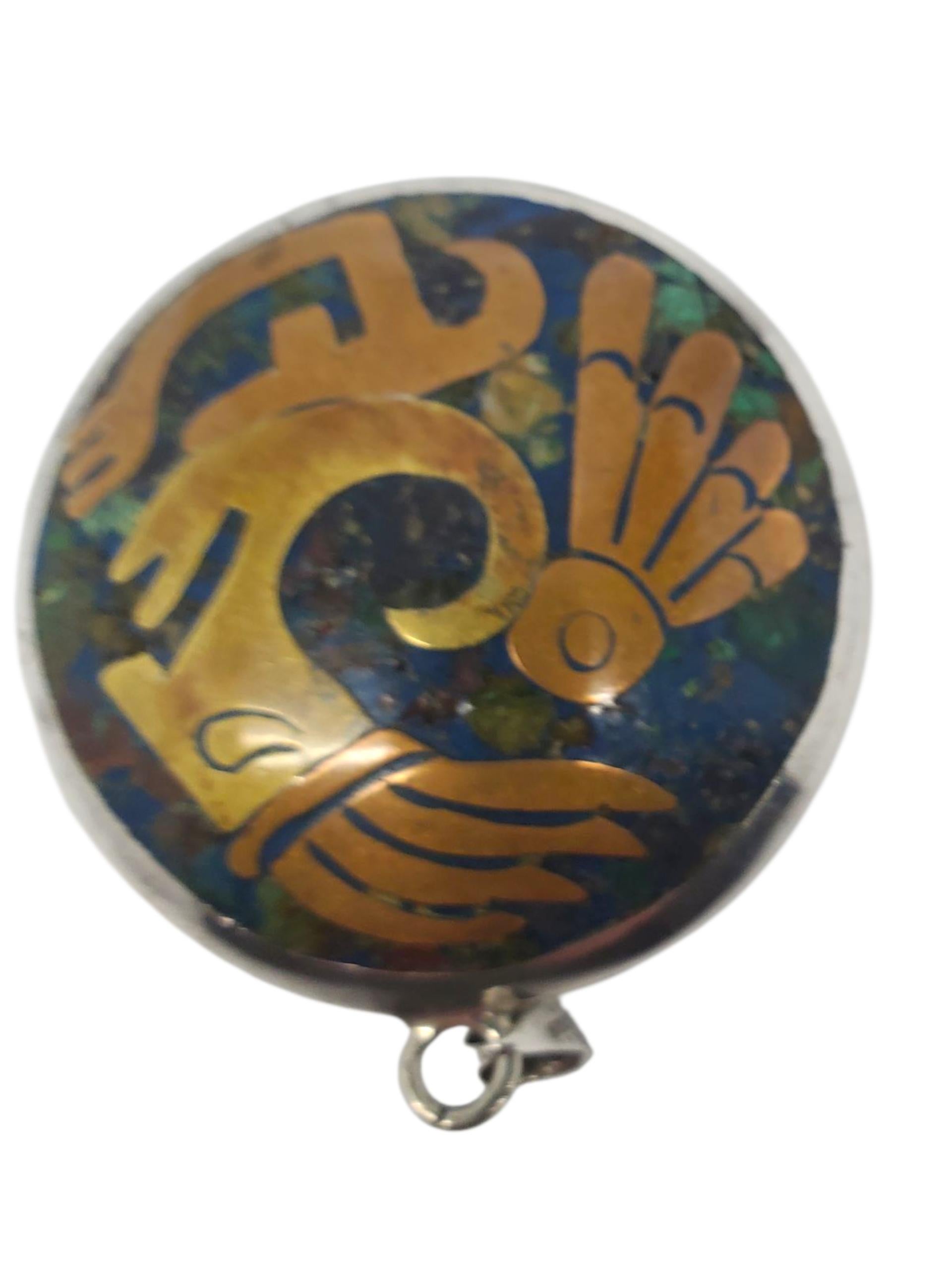 Taglio misto Ciondolo circolare azteco grande in argento sterling messicano #22630 in vendita
