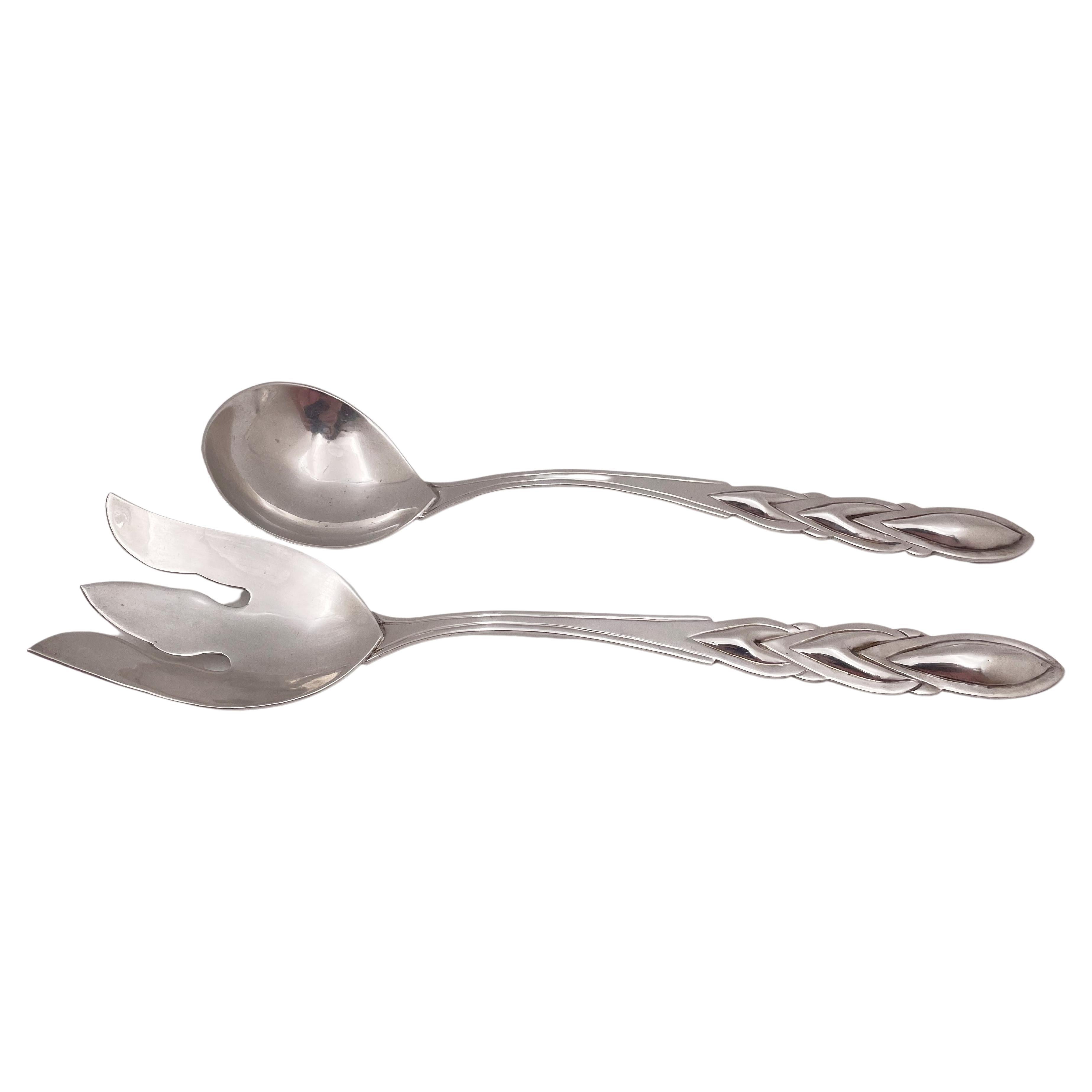 Mexican Sterling Silver Large Salad Set (Fork & Spoon) Mid-Century Modern Style