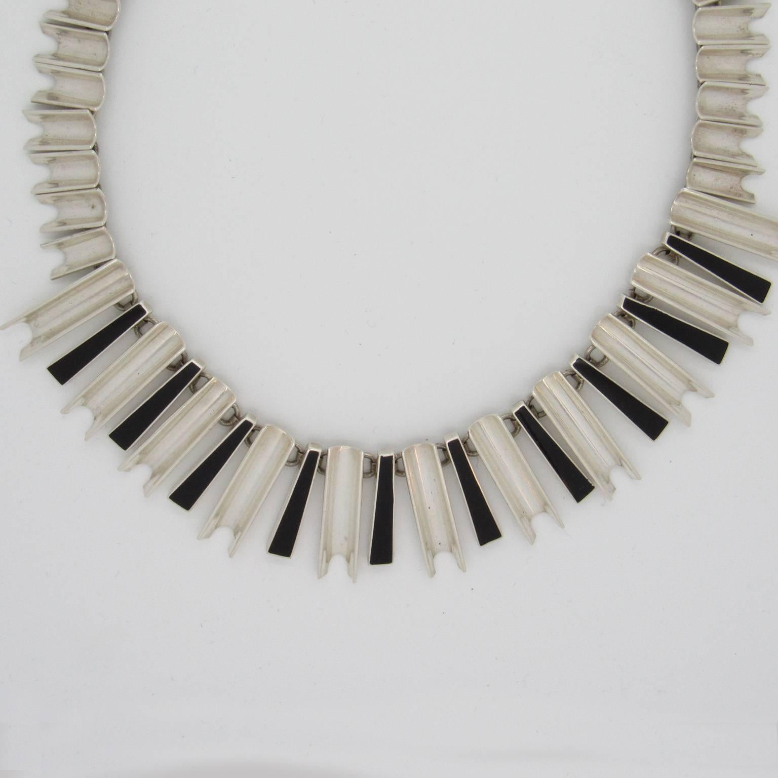 Attributed to Antonio Pineda, Mexican Sterling Silver and Onyx Modernist Necklace.  Stamped 