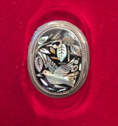 Mexican Sterling Silver Mother of Pearl Abalone Inlay Brooch with Bird Motif