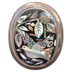 Mexican Sterling Silver Mother of Pearl Abalone Inlay Brooch with Bird Motif Mexican Sterling Silver Mother of Pearl Abalone Inlay Brooch with Bird Motif