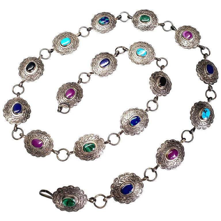 Mexican Sterling Silver Multi-Stone Concho Belt at 1stDibs
