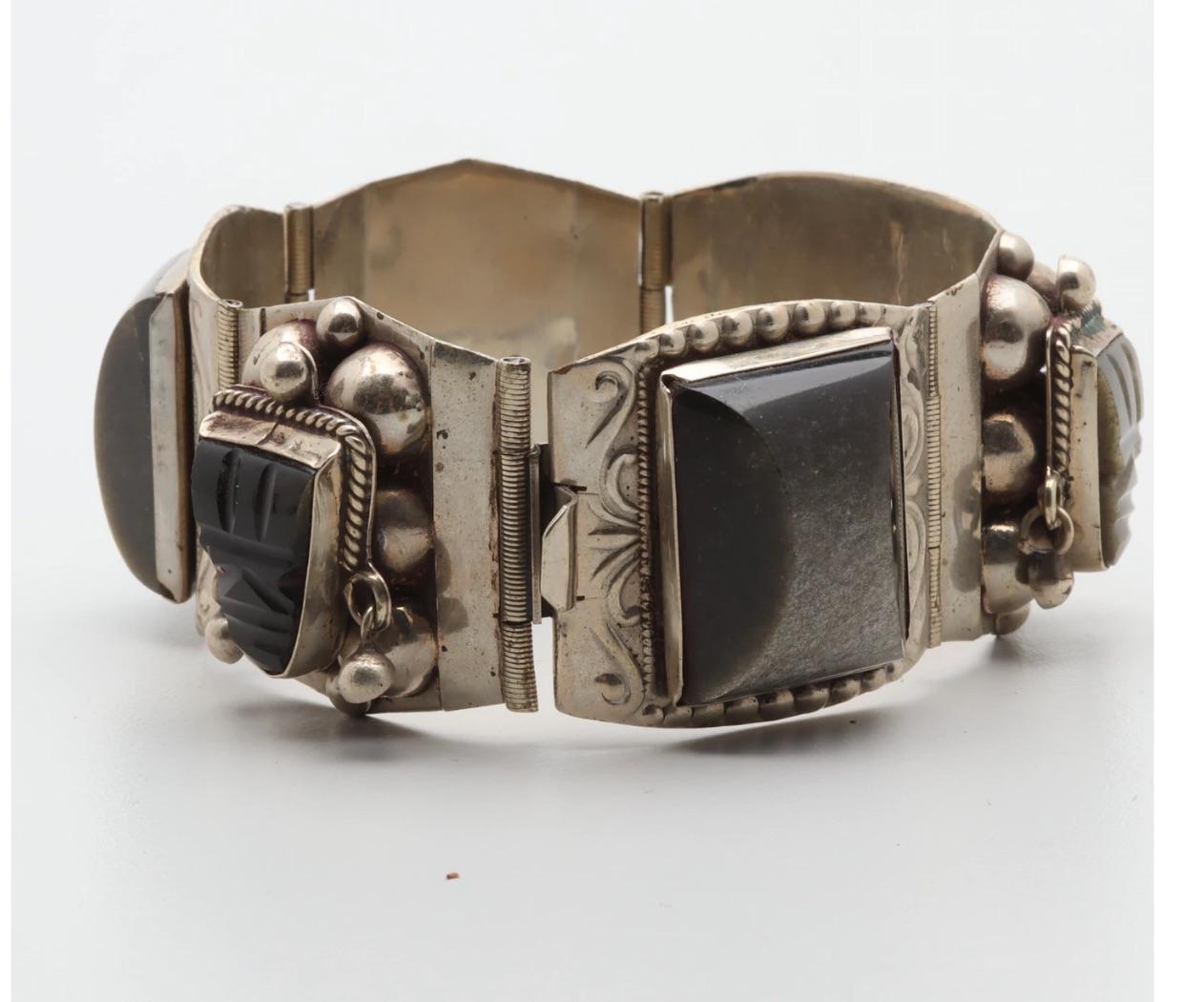 Mexican Sterling Silver Obsidian Cuff Bracelet  circa 1950s-Hallmarked In Good Condition In West Palm Beach, FL