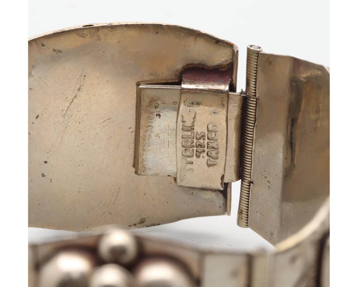 Women's Mexican Sterling Silver Obsidian Cuff Bracelet  circa 1950s-Hallmarked