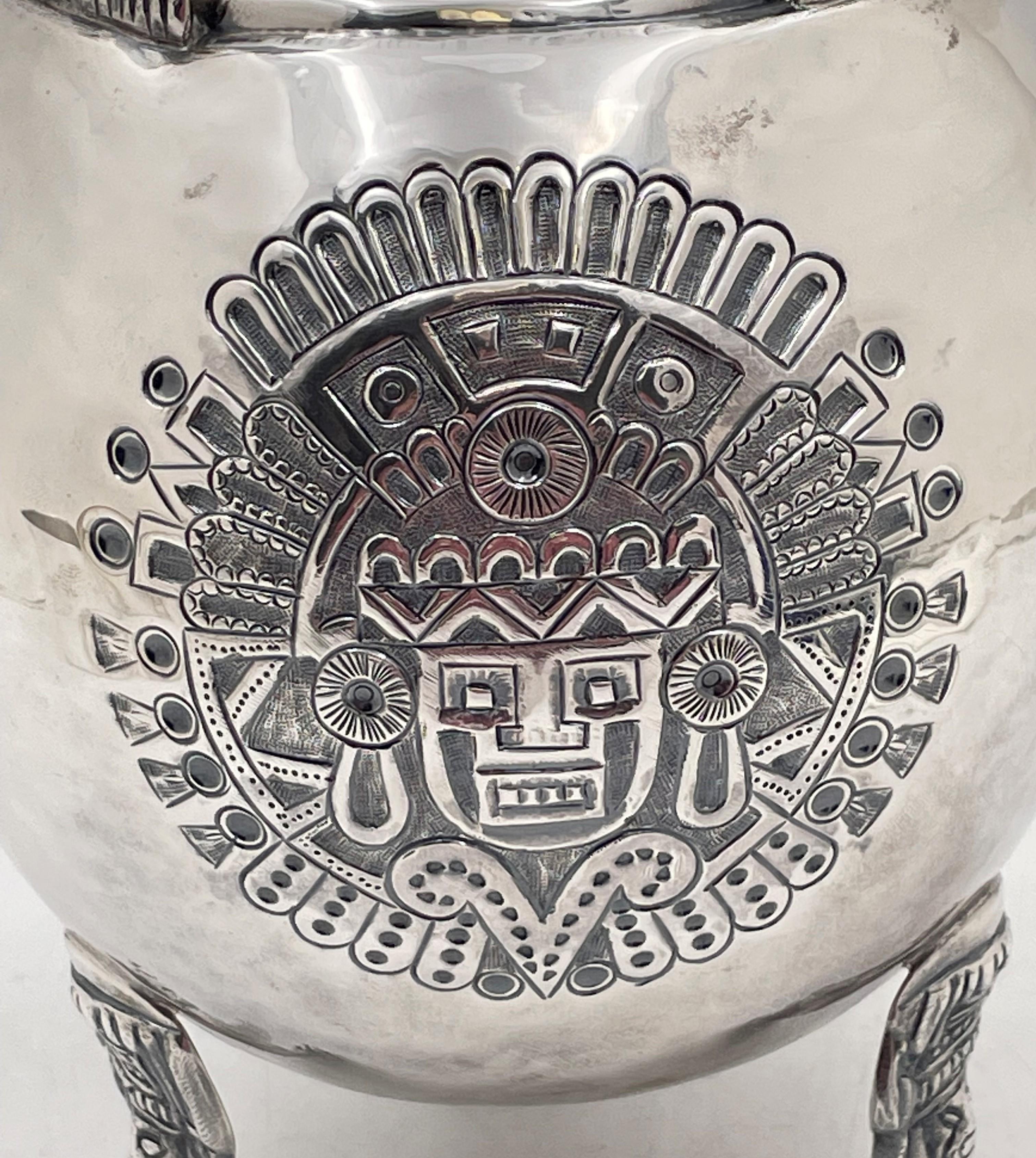 Mexican Sterling Silver Vase with Aztec Motifs In Good Condition For Sale In New York, NY