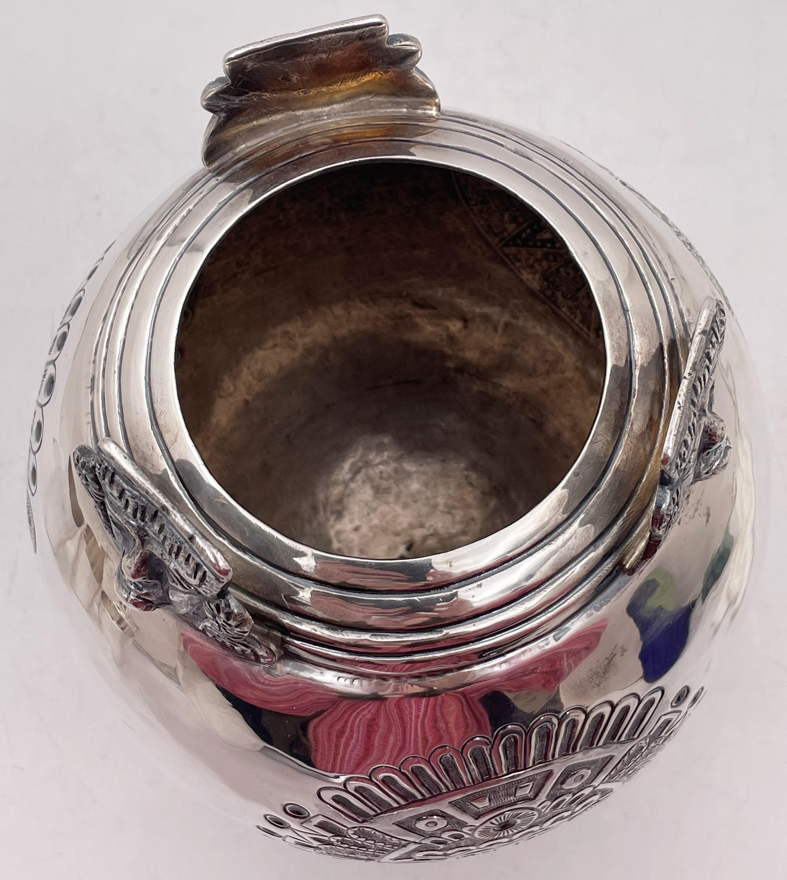 Mexican Sterling Silver Vase with Aztec Motifs For Sale 4