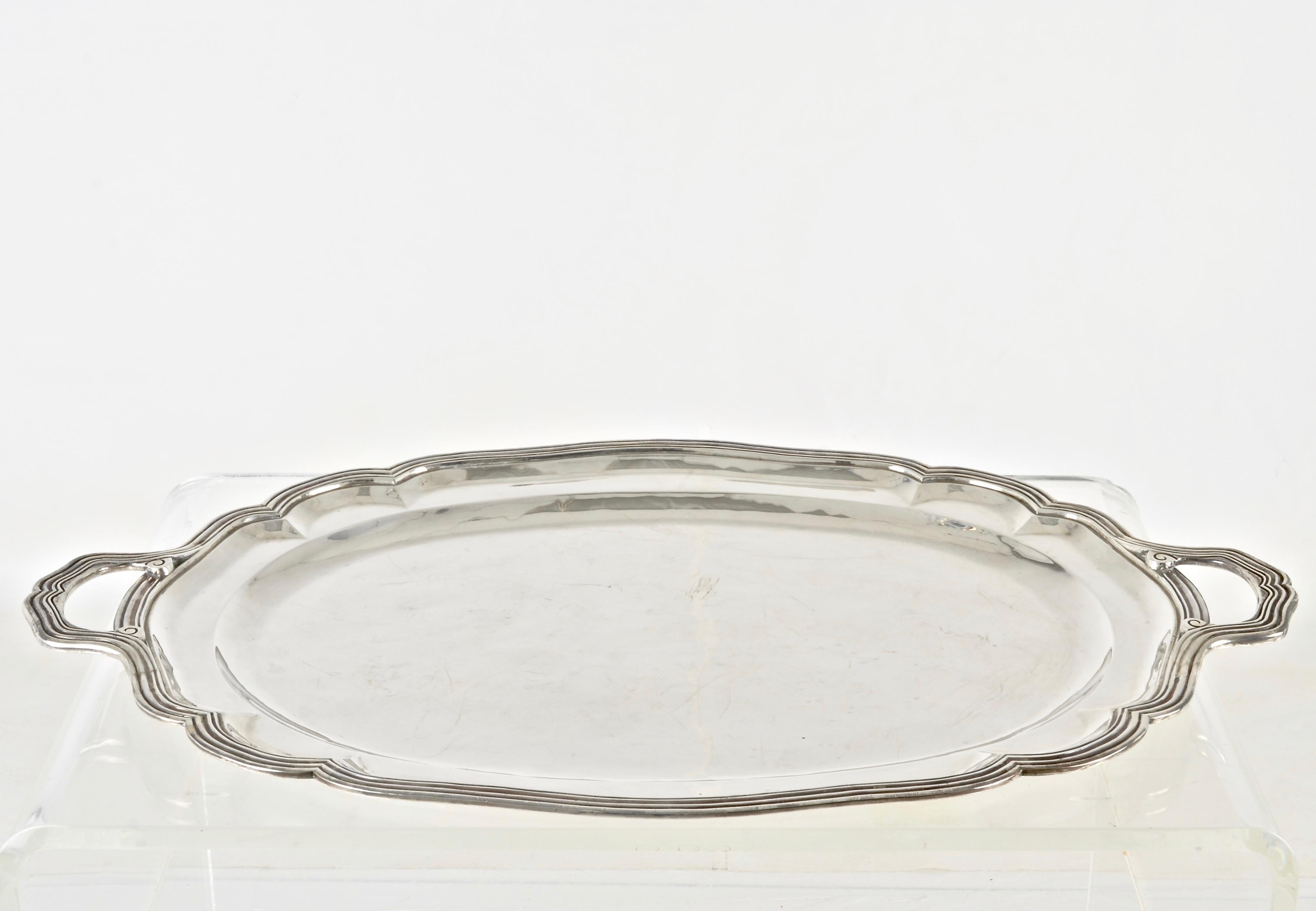 Handcrafted Mexican tray with sturdy handles. Simple and handsome design. Impressive proportions and weight. Makers stamp on verso: Sanborns Mexican Sterling.
