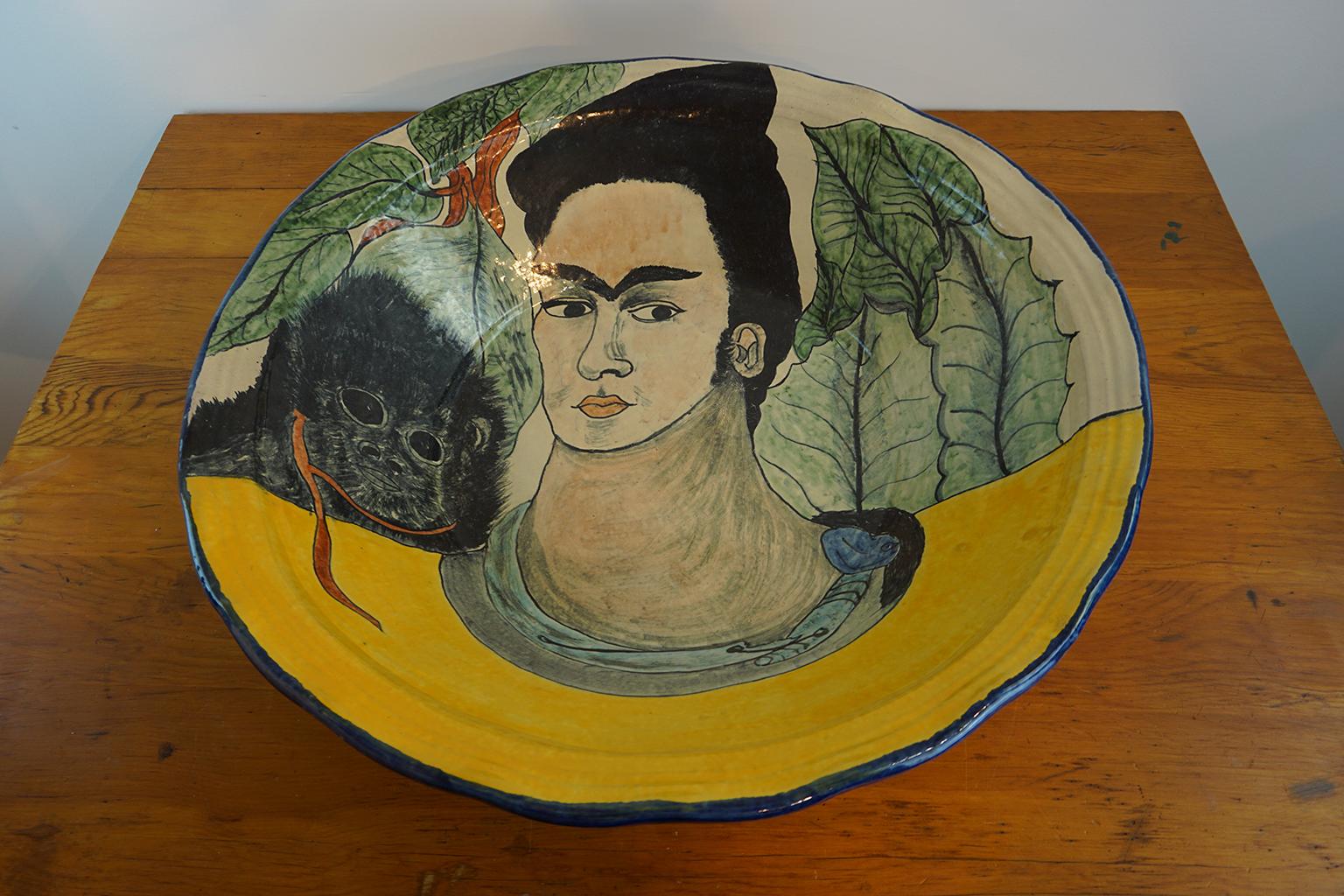 Mexican studio pottery Frida Kahlo & Her Monkeys centrepiece, vibrantly decorated inside and out. The centrepiece has a 24.5