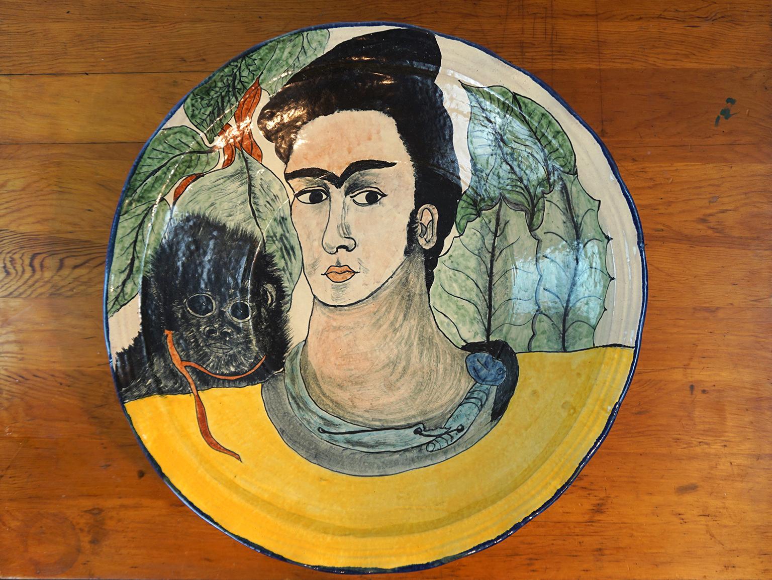 Hand-Painted Mexican Studio Pottery Frida Kahlo & Her Monkeys Centerpiece
