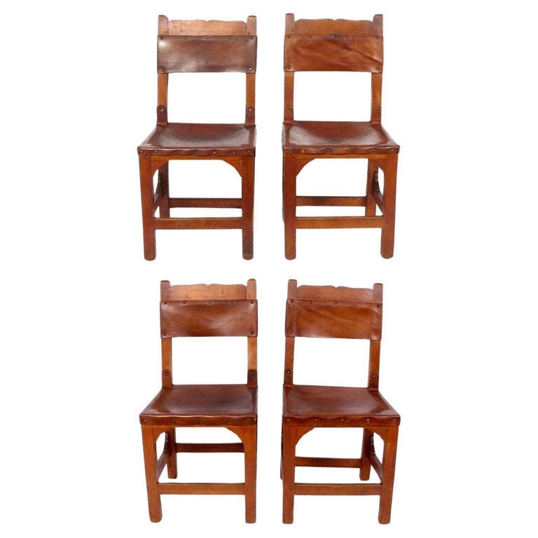 Mexican Style Leather and Wood Dining Chairs Set of Four Monterey