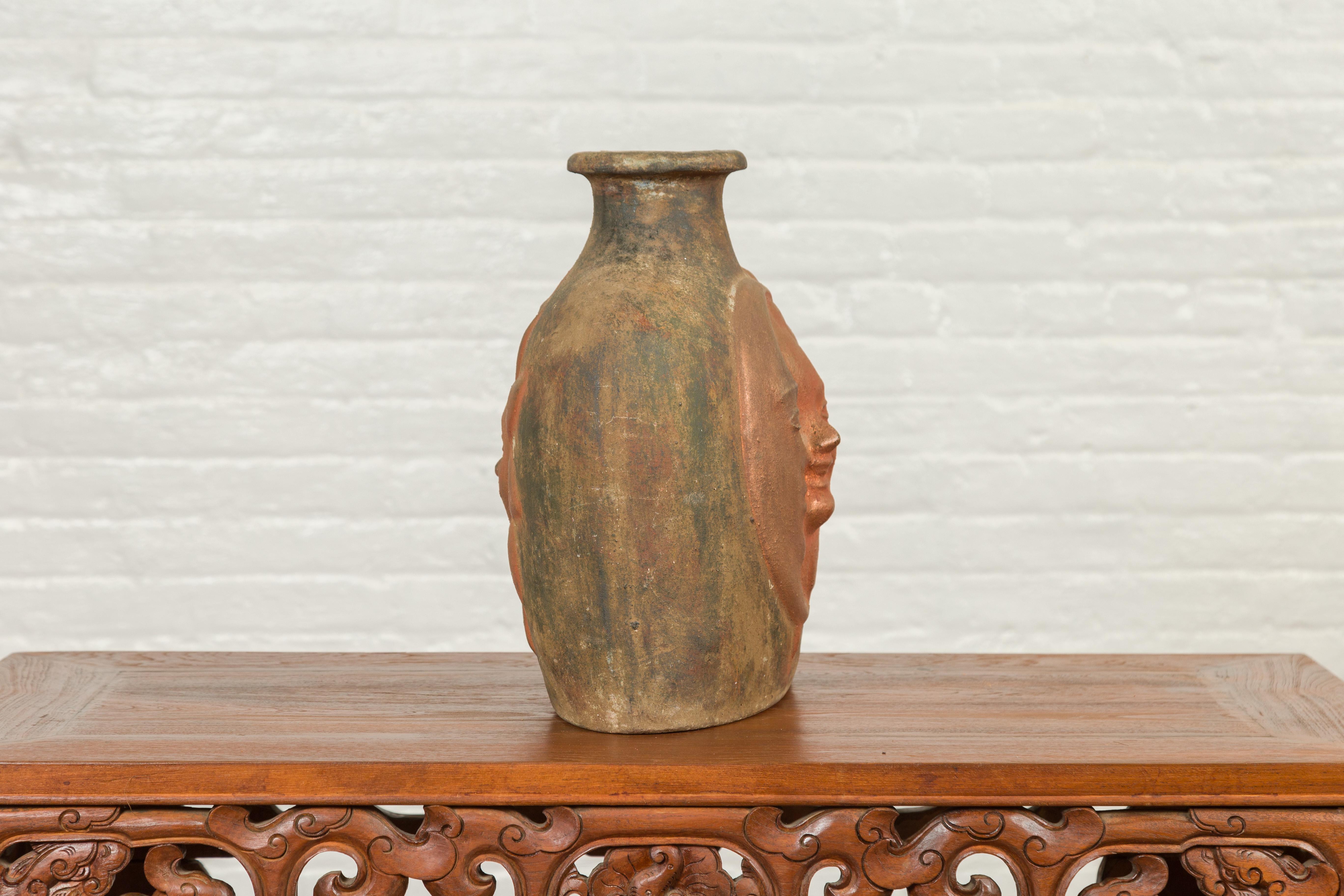 Mexican Sun and Moon Terracotta Vase with Copper Tones and Flaring Neck 3