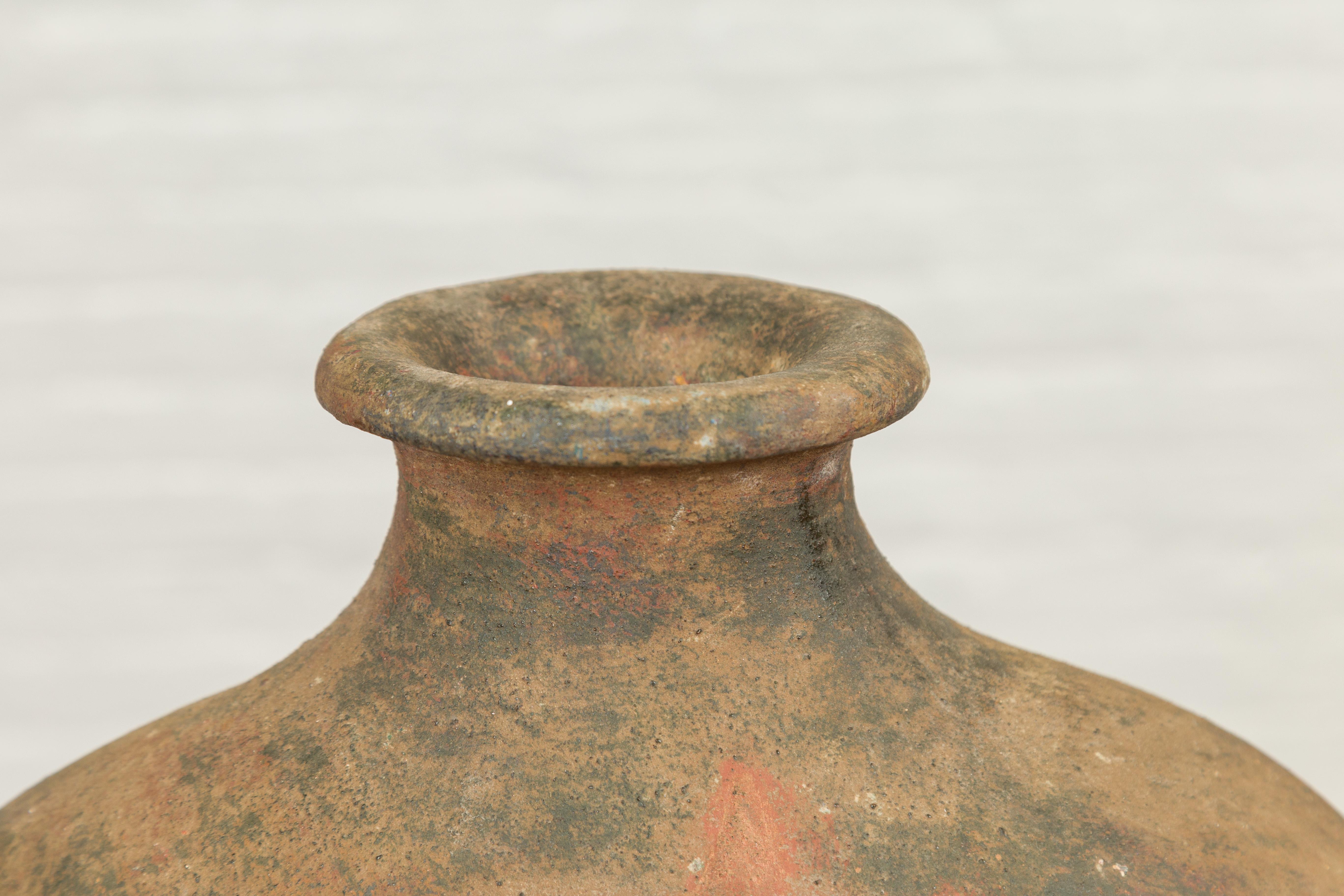 Mexican Sun and Moon Terracotta Vase with Copper Tones and Flaring Neck In Good Condition In Yonkers, NY
