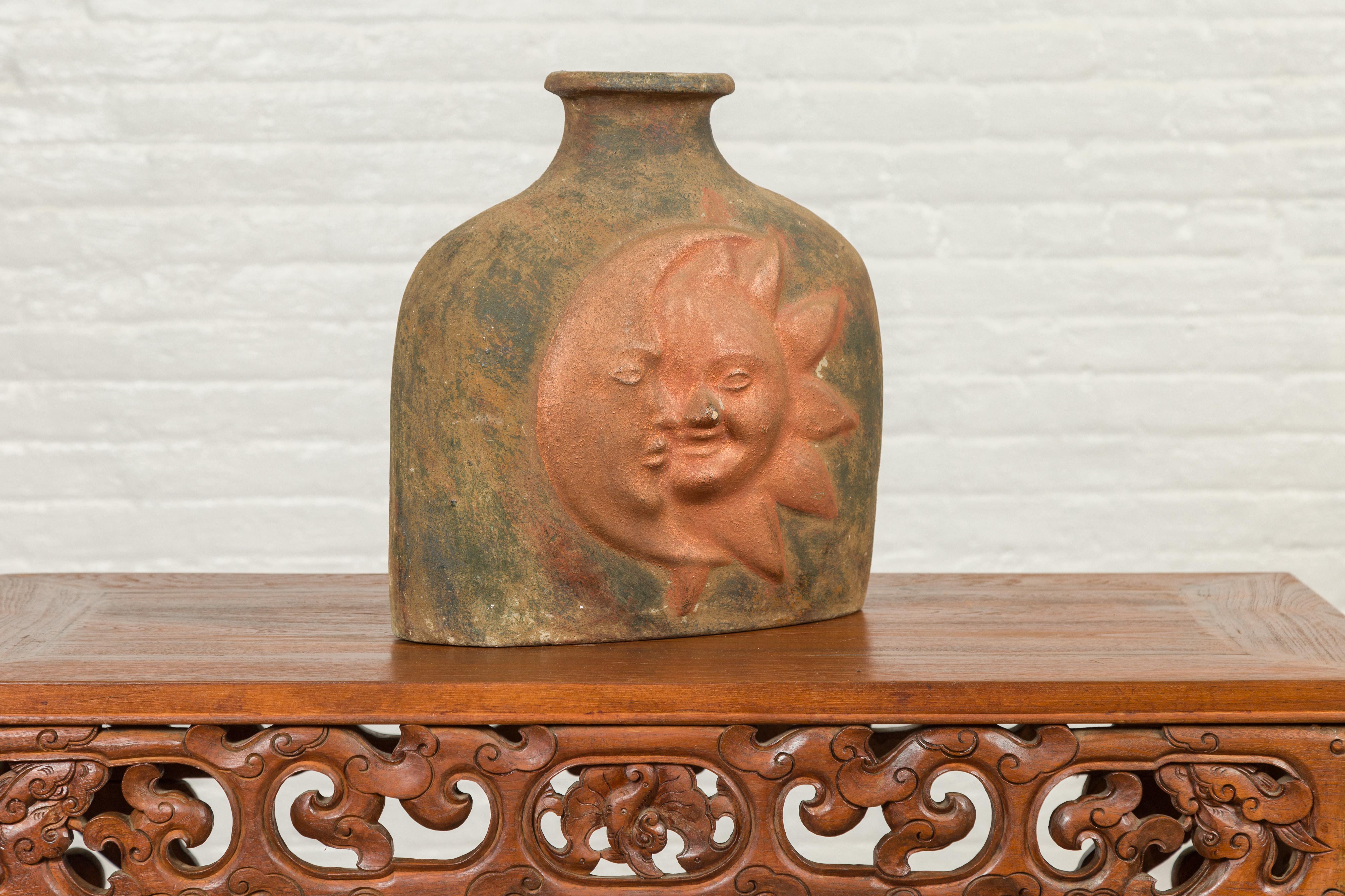 20th Century Mexican Sun and Moon Terracotta Vase with Copper Tones and Flaring Neck