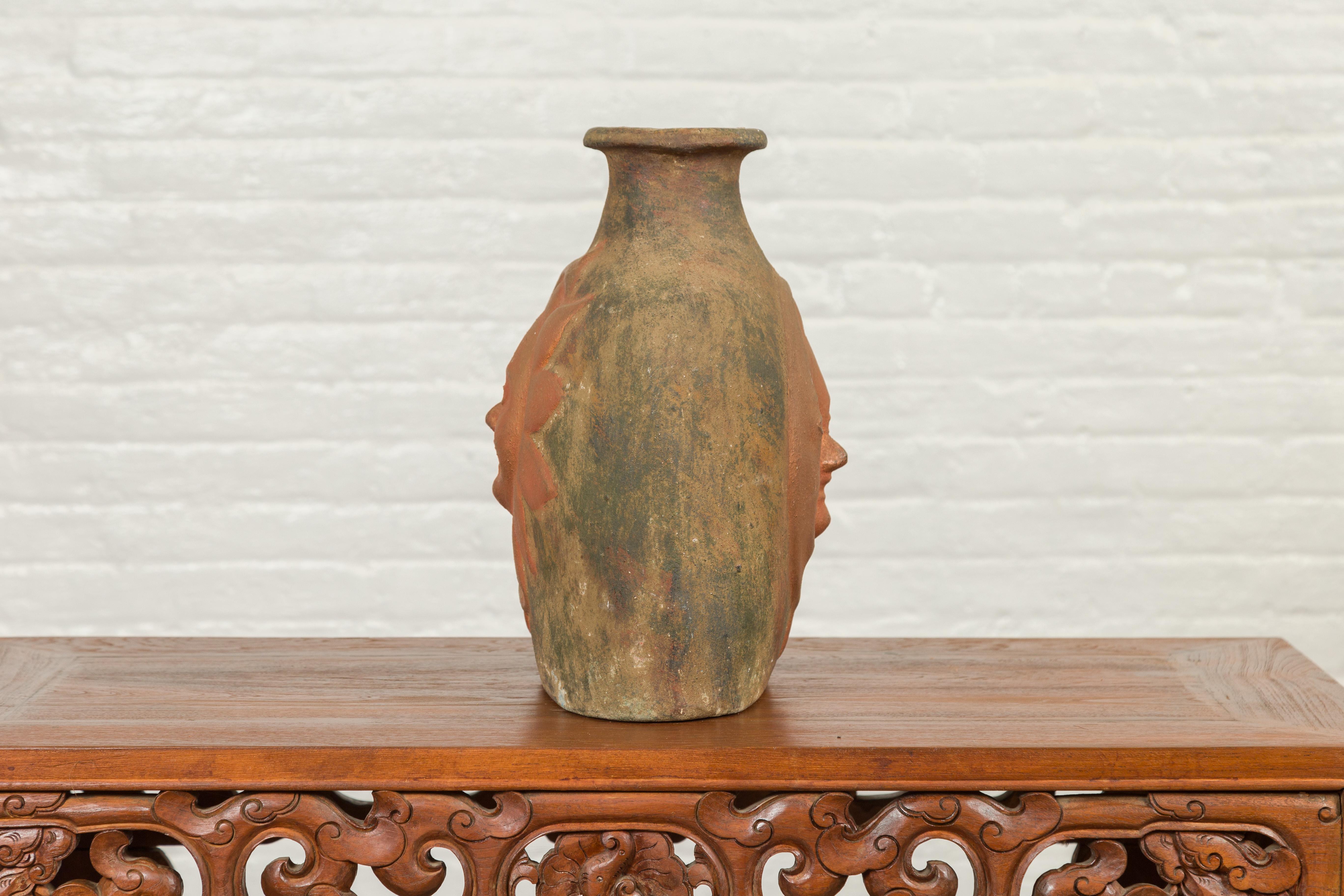 Mexican Sun and Moon Terracotta Vase with Copper Tones and Flaring Neck 1