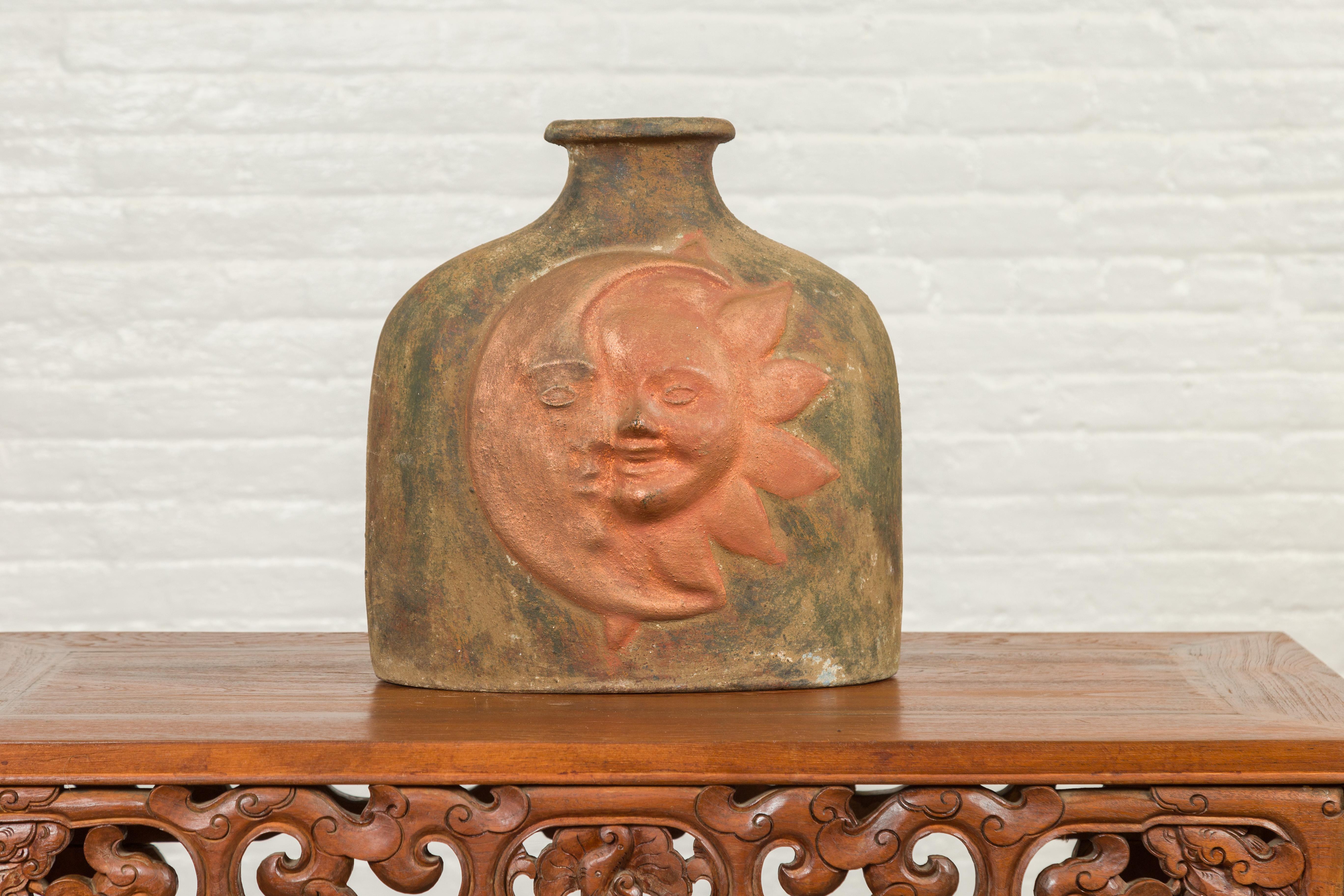 Mexican Sun and Moon Terracotta Vase with Copper Tones and Flaring Neck 2