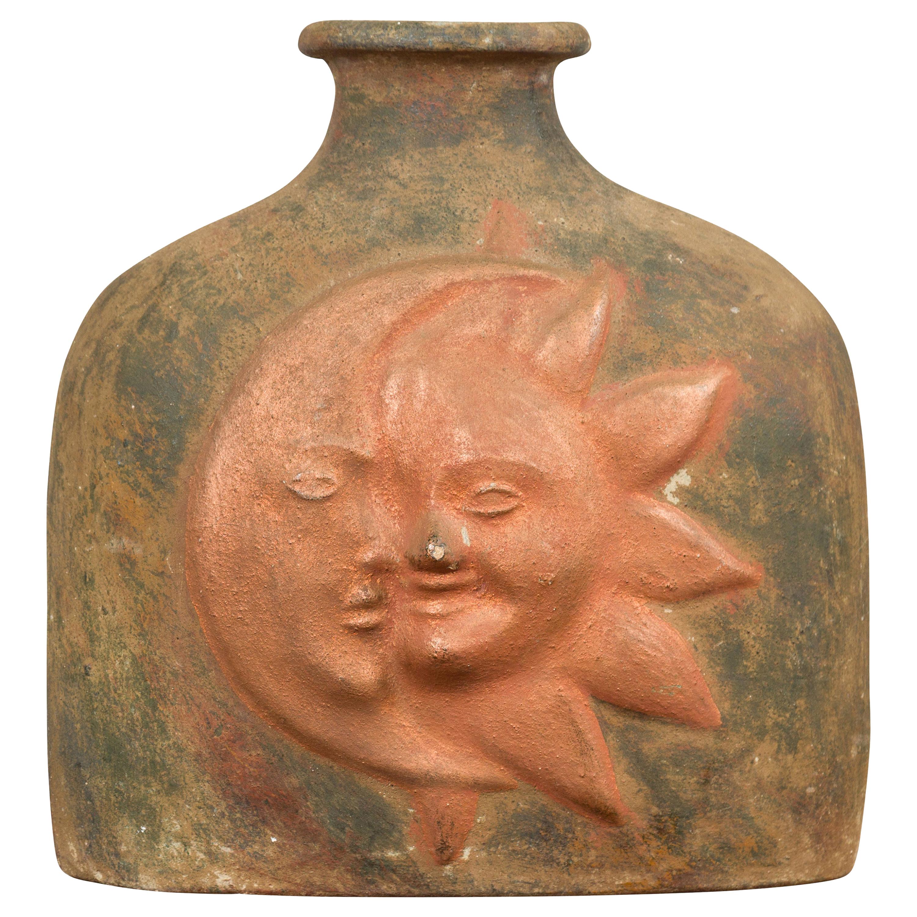 Mexican Sun and Moon Terracotta Vase with Copper Tones and Flaring Neck