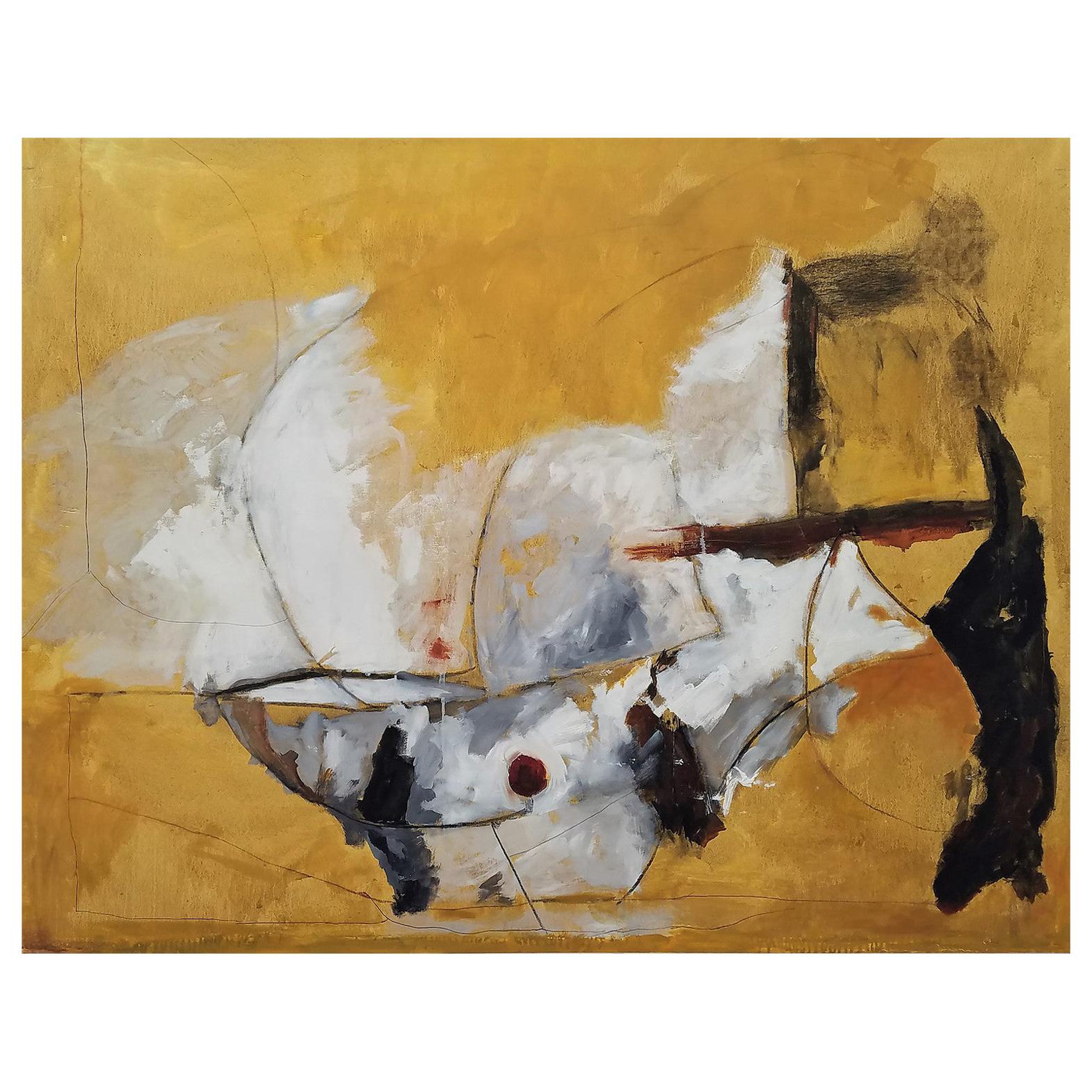 "Sol mexicano", pintura abstracta dorada, blanca y negra, de Kathi Robinson Frank