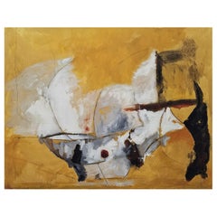 "Sol mexicano", pintura abstracta dorada, blanca y negra, de Kathi Robinson Frank
