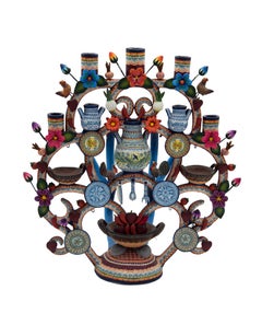 Mexican Talavera Arbol De La Vida Colorful Folk Art Candelabra Ceramic Clay